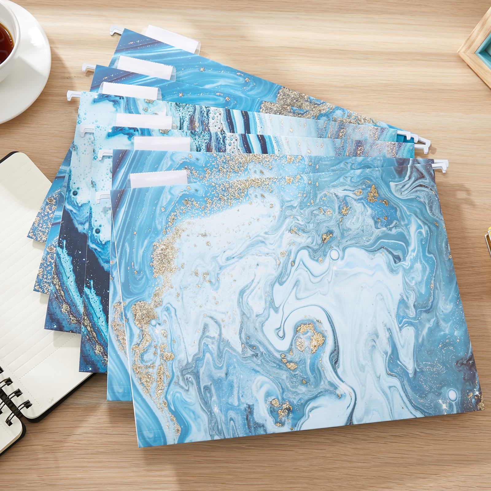 Y YOMA 6 Pack Decorative Hanging File Folders Letter Size Marble Cute Hanging Folder Pretty File Folder Organizer for Filing Cabinet Office Home with 1/5-Cut Adjustable Tabs, 3 Blue Marble Design