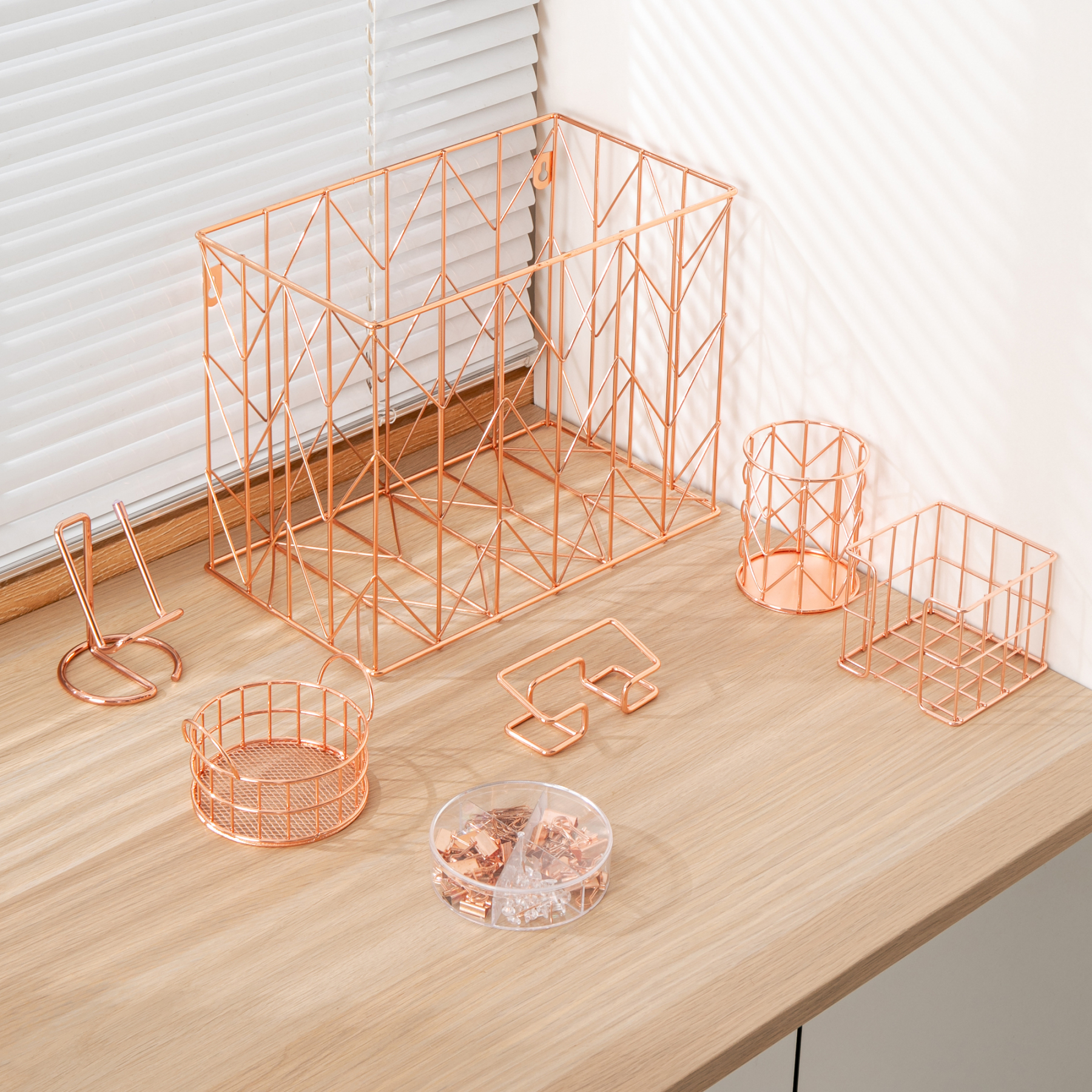 Y YOMA Rose Gold Desk Organizer for Letter Size Hanging File Folder 7 Pcs Folder Organizer Pen Holder Phone Holder Clip Holder Sticky Note Holder Business Card Holder Clip Kit, Wire Metal