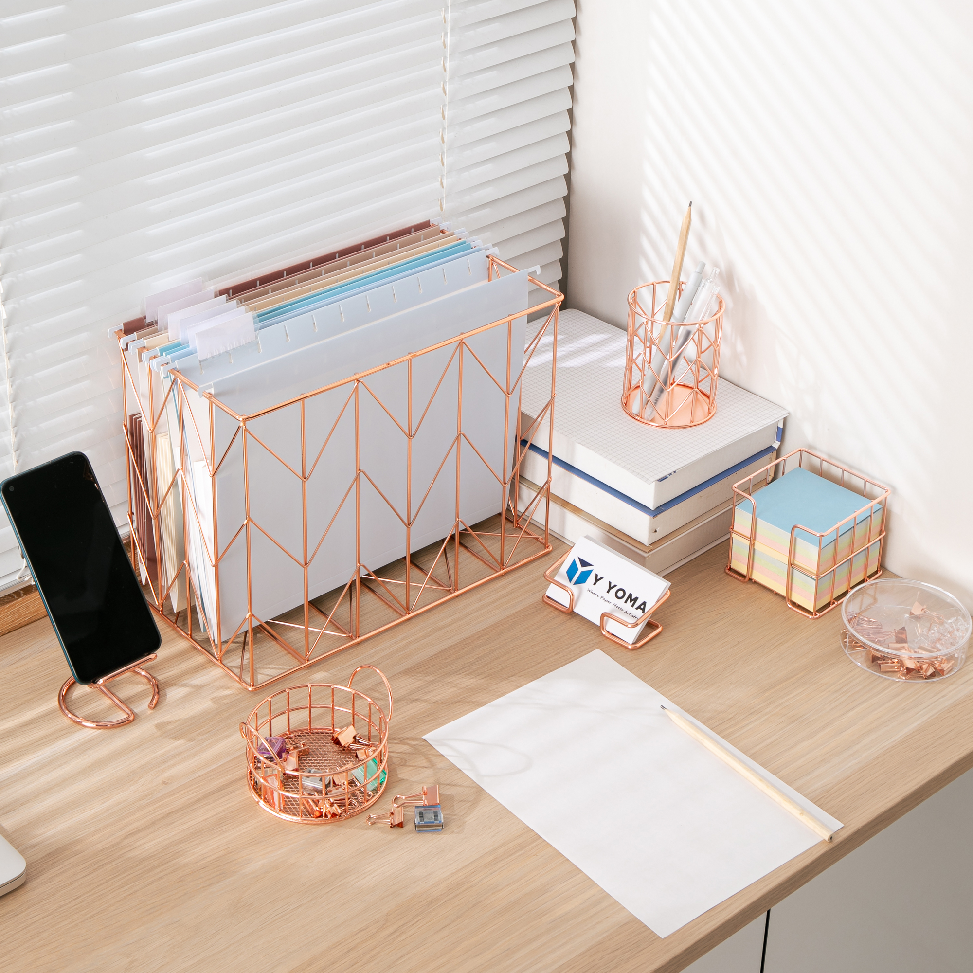 Y YOMA Rose Gold Desk Organizer for Letter Size Hanging File Folder 7 Pcs Folder Organizer Pen Holder Phone Holder Clip Holder Sticky Note Holder Business Card Holder Clip Kit, Wire Metal