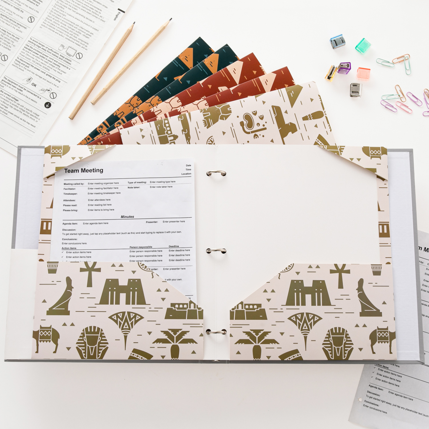 Y YOMA 6 Pack 2 Pocket Folder Letter Size Decorative Binder Folders with Pockets 3 Hole Punch Folder Paper Cute Project Folders Two Pocket 3 Ring File Folder for School Office Home, Egyptian Design