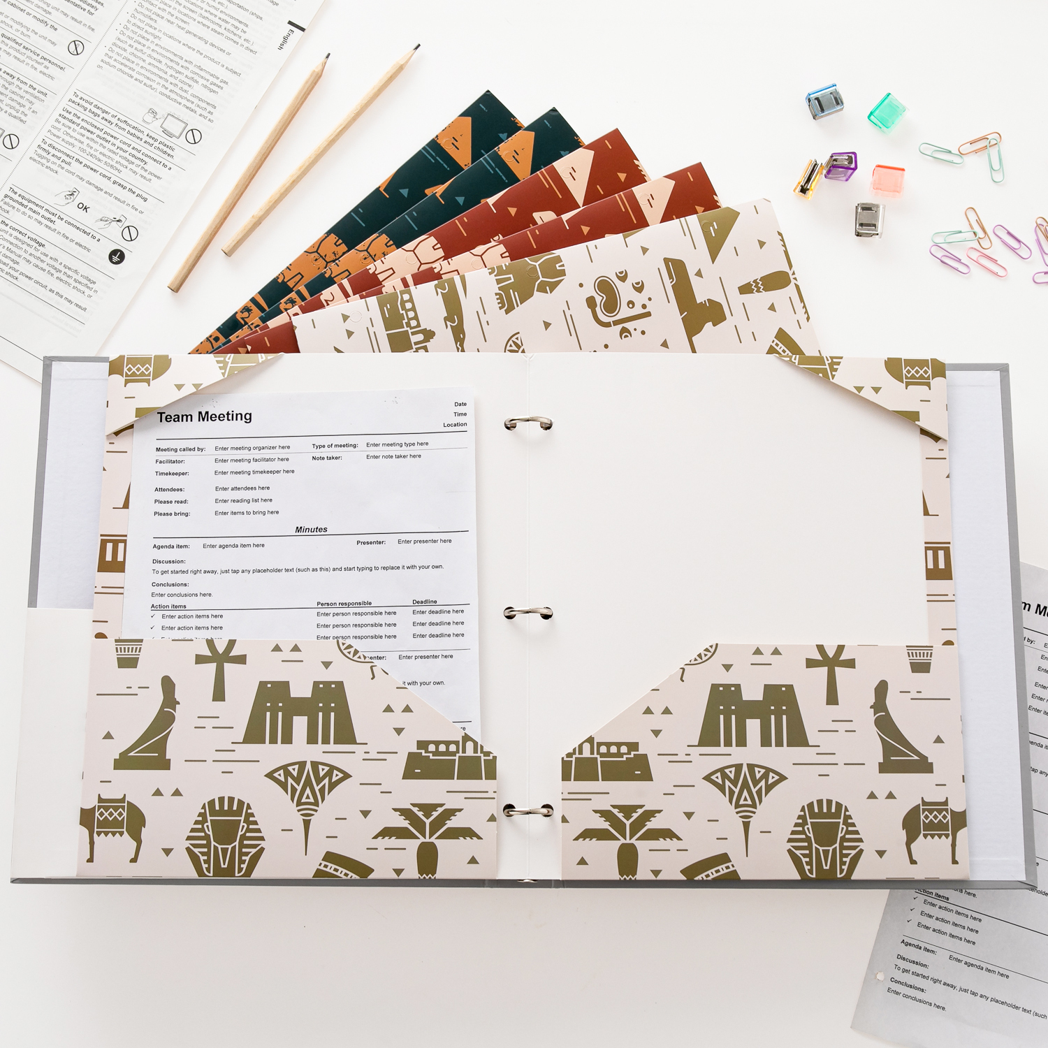 Y YOMA 6 Pack 2 Pocket Folder Letter Size Decorative Binder Folders with Pockets 3 Hole Punch Folder Paper Cute Project Folders Two Pocket 3 Ring File Folder for School Office Home, Egyptian Design