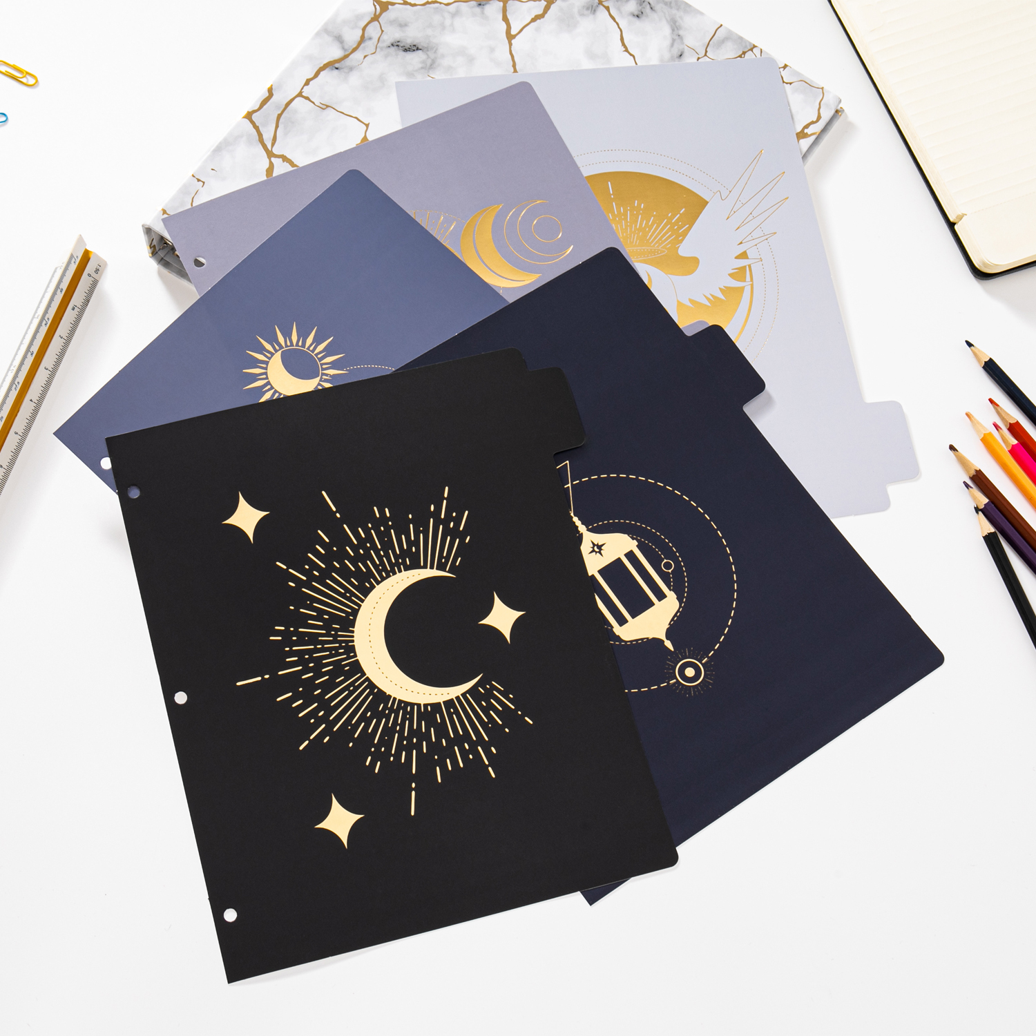 Y YOMA Rose Gold 3 Ring Binder Dividers with Tabs Letter Size Cute Paper Binder Tabs Dividers Decorative Binder Index Dividers for Office School Home with 1/5-Cut Tabs, Mystery Design (5 Pack)