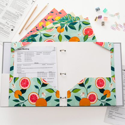 Y YOMA 6 Pack 2 Pocket Folder Letter Size Decorative Binder Folders with Pockets 3 Hole Punch Folder Paper Cute Project Folders Two Pocket 3 Ring File Folder for School Office Home, Tropical Fruit