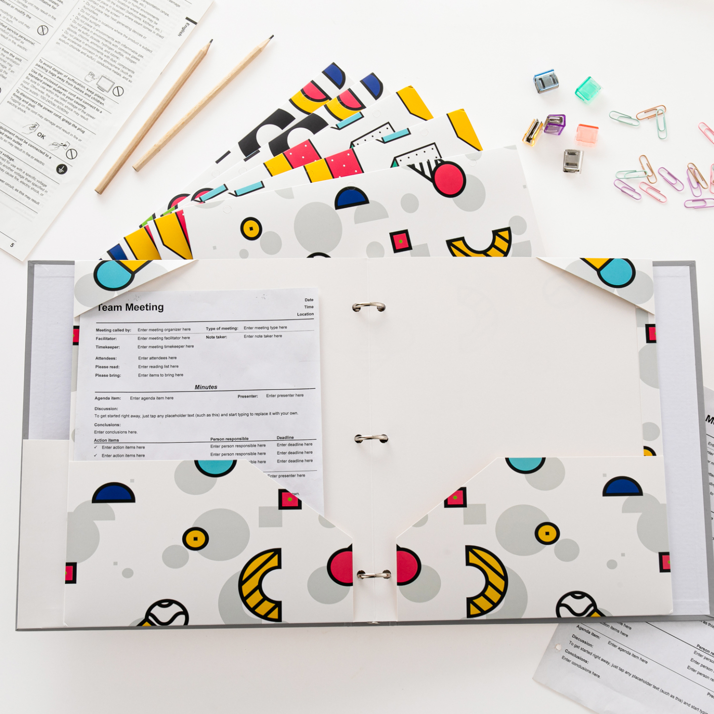 Y YOMA 6 Pack 2 Pocket Folder Letter Size Decorative Binder Folders with Pockets 3 Hole Punch Folder Paper Cute Project Folders Two Pocket 3 Ring File Folder for School Office Home, Memphis Design