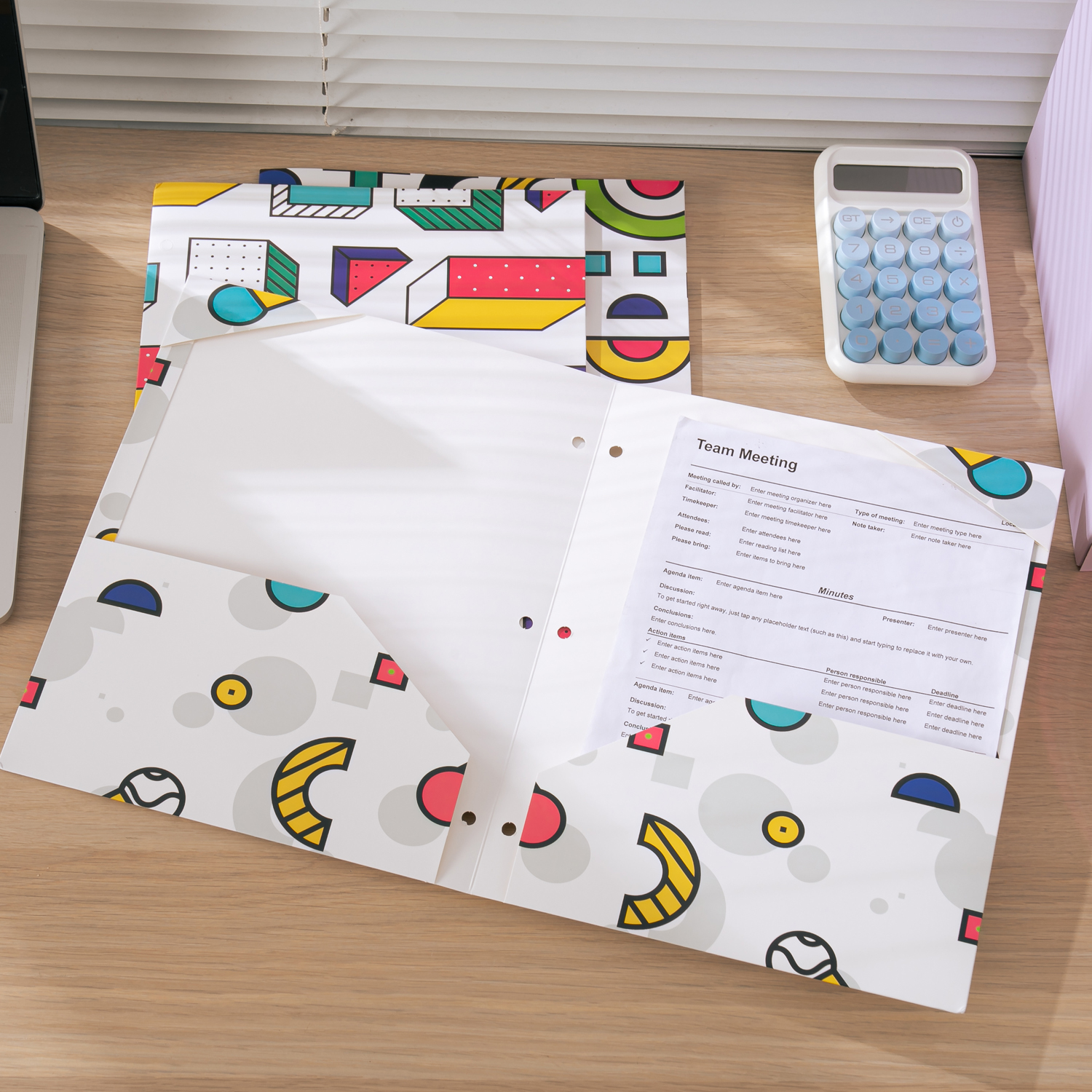 Y YOMA 6 Pack 2 Pocket Folder Letter Size Decorative Binder Folders with Pockets 3 Hole Punch Folder Paper Cute Project Folders Two Pocket 3 Ring File Folder for School Office Home, Memphis Design