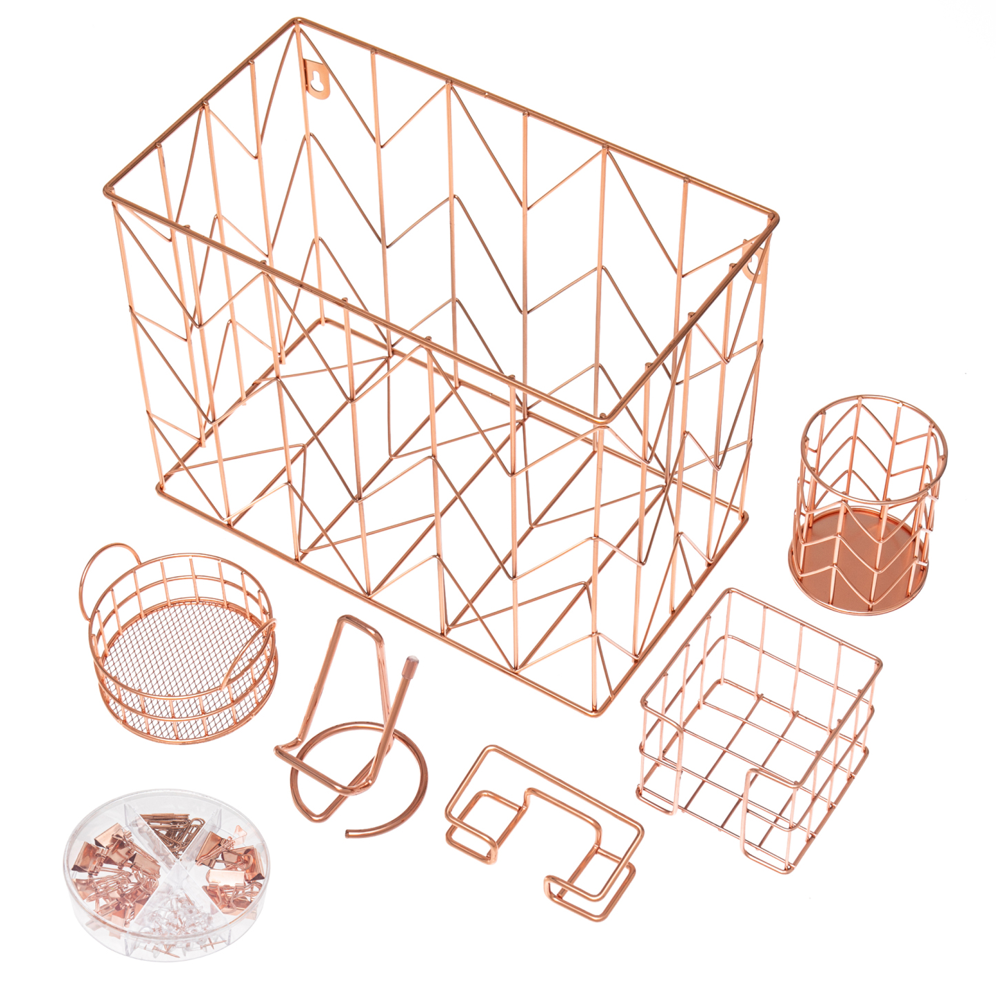 Y YOMA Rose Gold Desk Organizer for Letter Size Hanging File Folder 7 Pcs Folder Organizer Pen Holder Phone Holder Clip Holder Sticky Note Holder Business Card Holder Clip Kit, Wire Metal