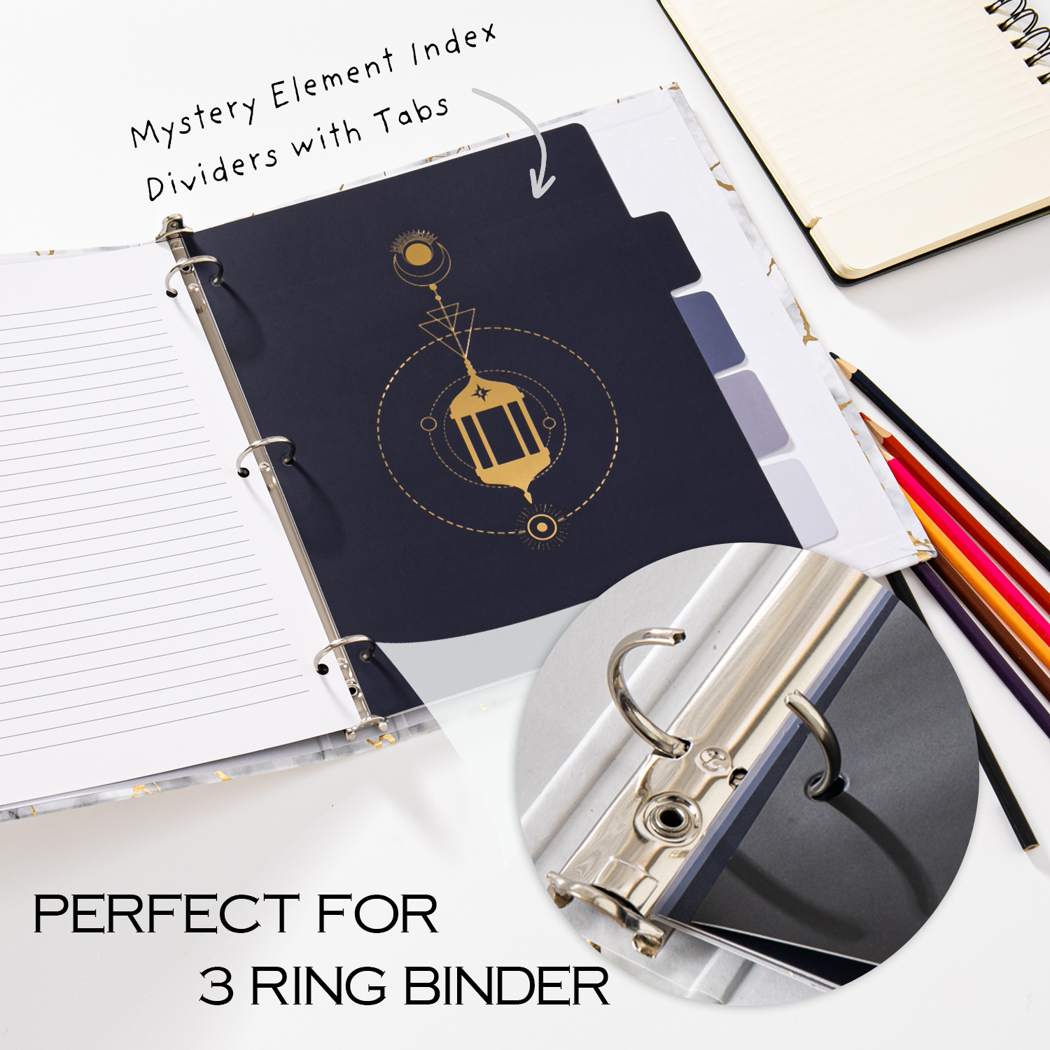 Y YOMA Rose Gold 3 Ring Binder Dividers with Tabs Letter Size Cute Paper Binder Tabs Dividers Decorative Binder Index Dividers for Office School Home with 1/5-Cut Tabs, Mystery Design (5 Pack)