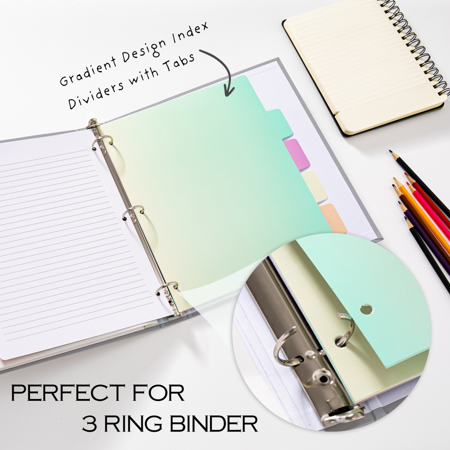 Y YOMA Decorative 3 Ring Binder Dividers with Tabs Letter Size Paper Binder Tabs Page Dividers Cute Binder Index Dividers for Office School Home with 1/5-Cut Tabs, Gradient Design (5 Pack)