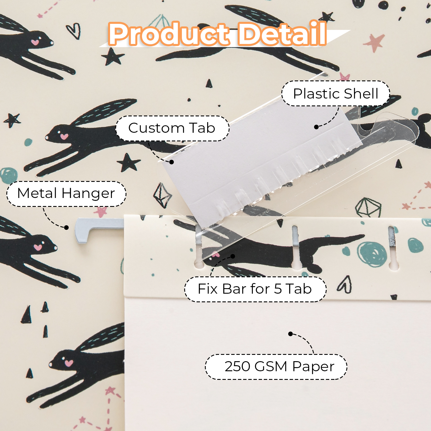 Y YOMA 6 Pack Decorative Hanging File Folders Letter Size Marble Cute Hanging Folder Pretty File Folder Organizer for Filing Cabinet Office Home with 1/5-Cut Adjustable Tabs, 3 Rabbit Design