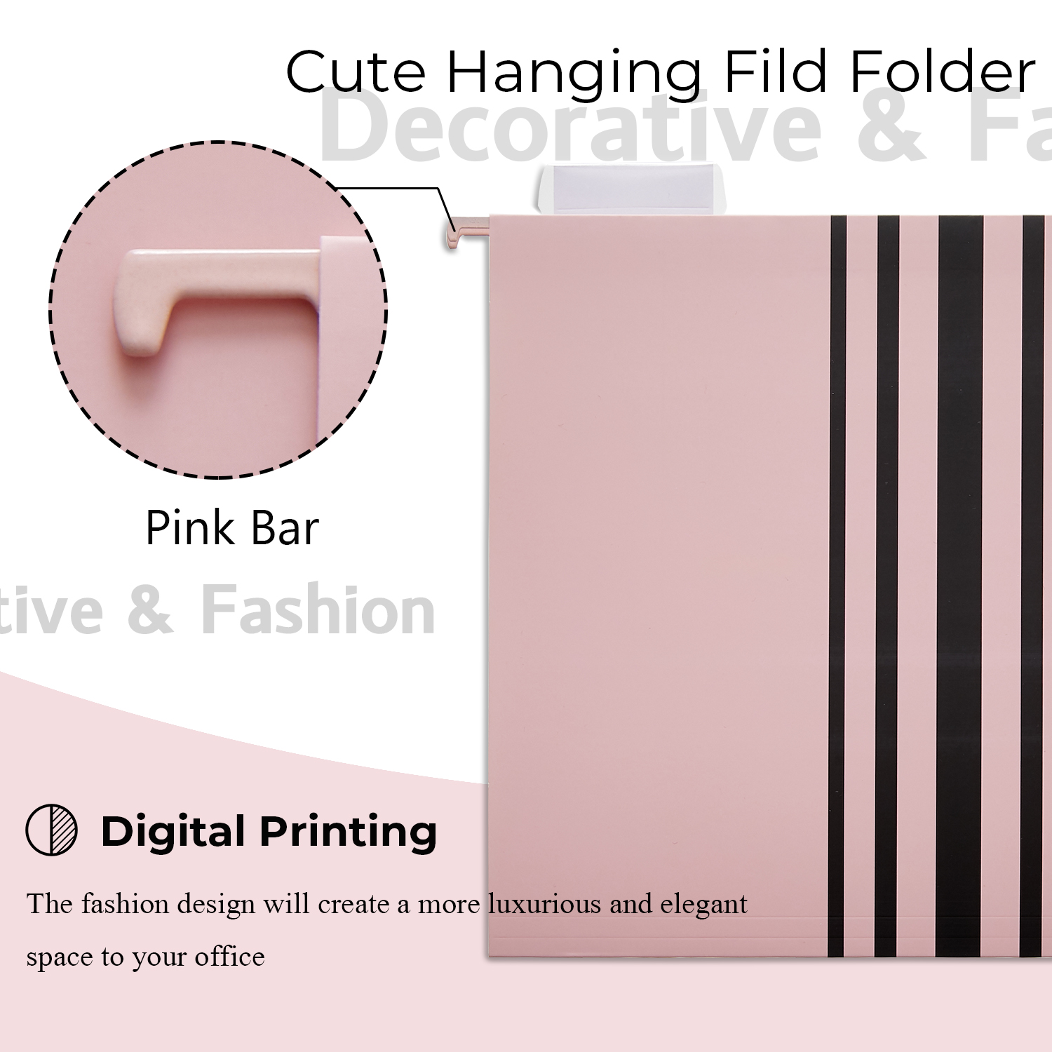 Y YOMA 6 Pack Decorative Hanging File Folders Letter Size Marble Cute Hanging Folder Pretty File Folder Organizer for Filing Cabinet Office Home with 1/5-Cut Adjustable Tabs, 2 Pink Line Design