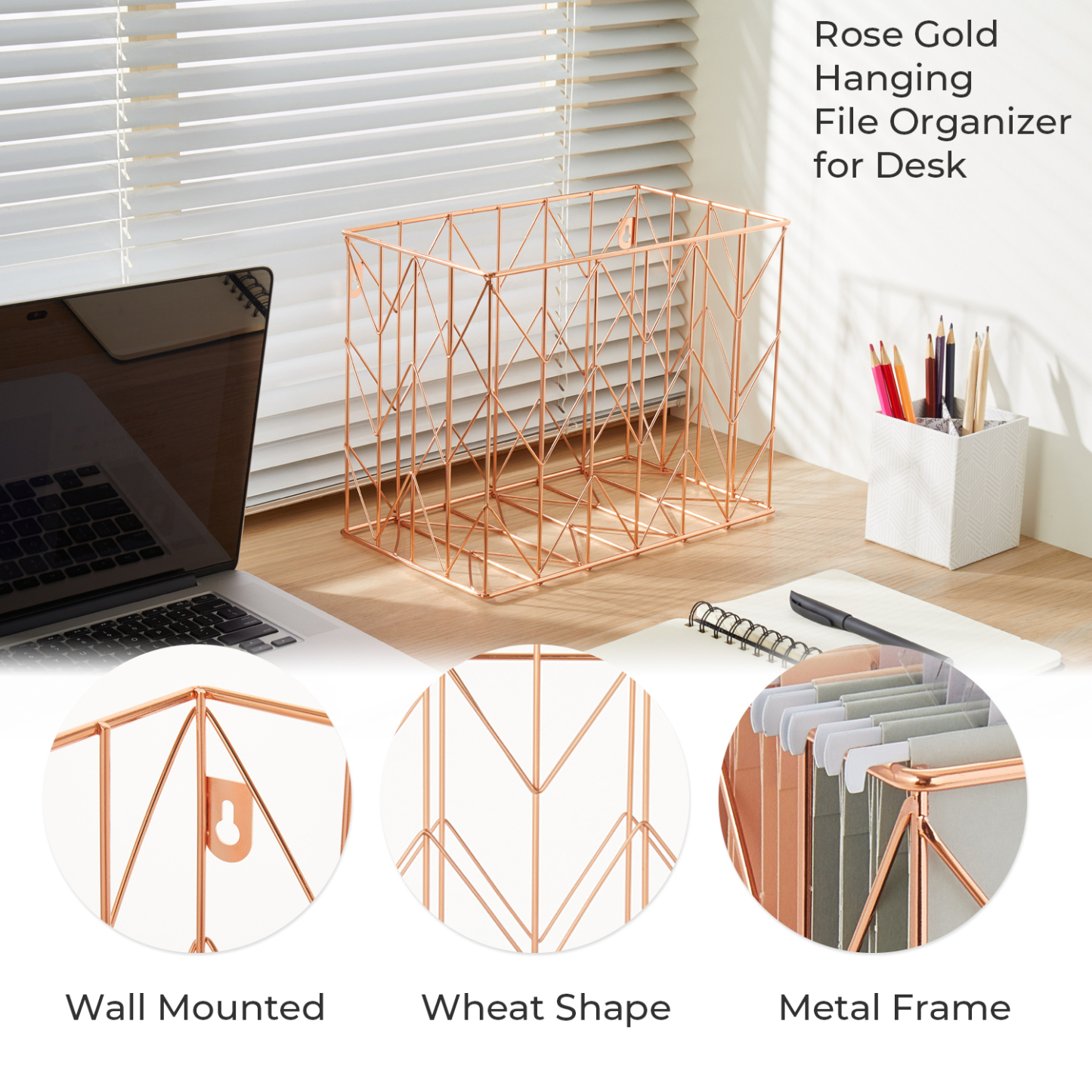Y YOMA 1 Pack Rose Gold Hanging File Folder Organizer Letter Size Metal File Kit File Folder Filing Basket for Desk Home Office Classroom Supplies