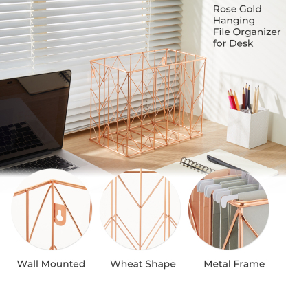 Y YOMA 1 Pack Rose Gold Hanging File Folder Organizer Letter Size Metal File Kit File Folder Filing Basket for Desk Home Office Classroom Supplies