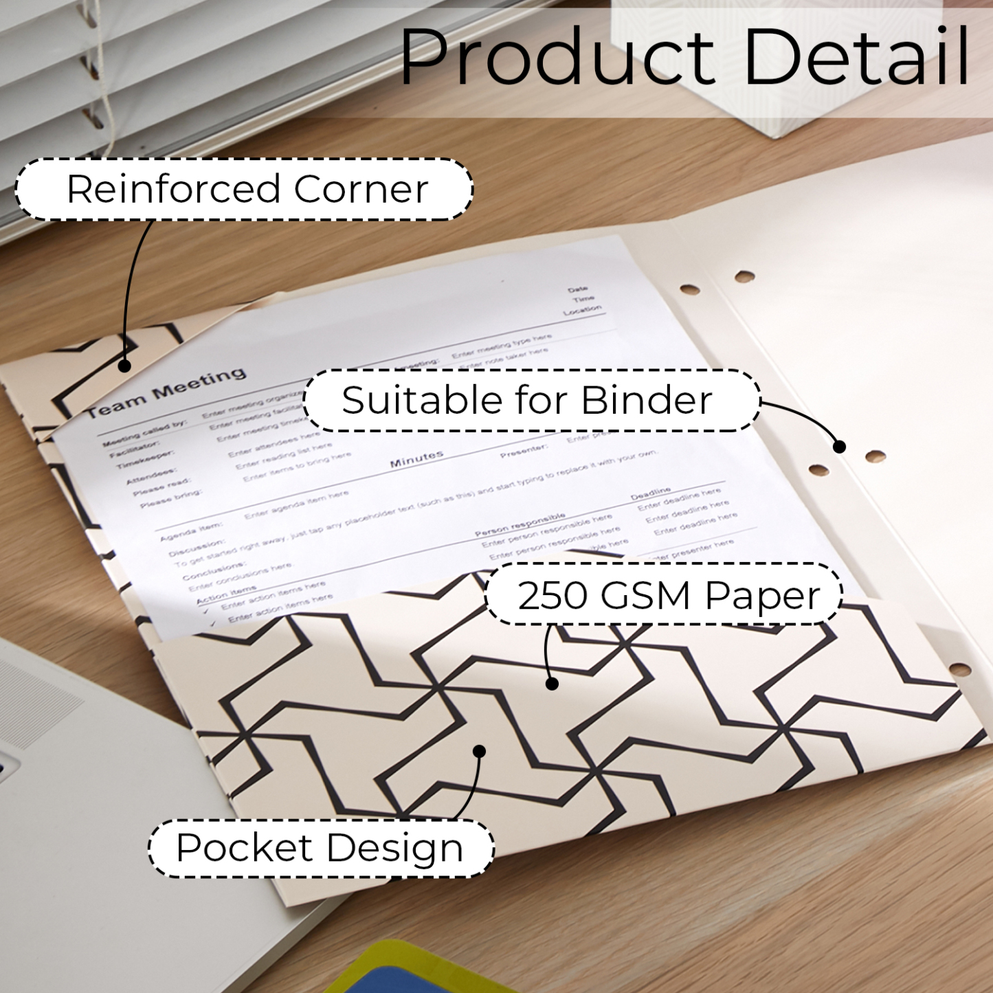 Y YOMA 6 Pack 2 Pocket Folder Letter Size Decorative Binder Folders with Pockets 3 Hole Punch Folder Paper Cute Project Folders Two Pocket 3 Ring File Folder for School Office Home, Geometric Design