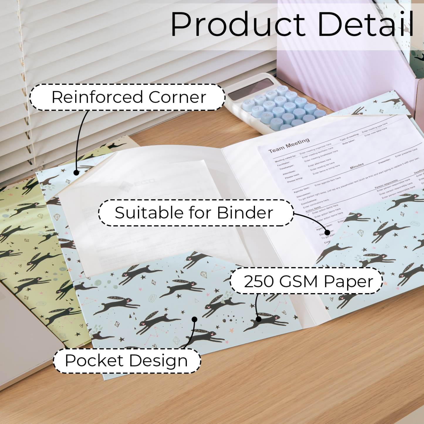 Y YOMA 6 Pack 2 Pocket Folder Letter Size Decorative Binder Folders with Pockets 3 Hole Punch Folder Paper Cute Project Folders Two Pocket 3 Ring File Folder for School Office Home, Rabbit Design