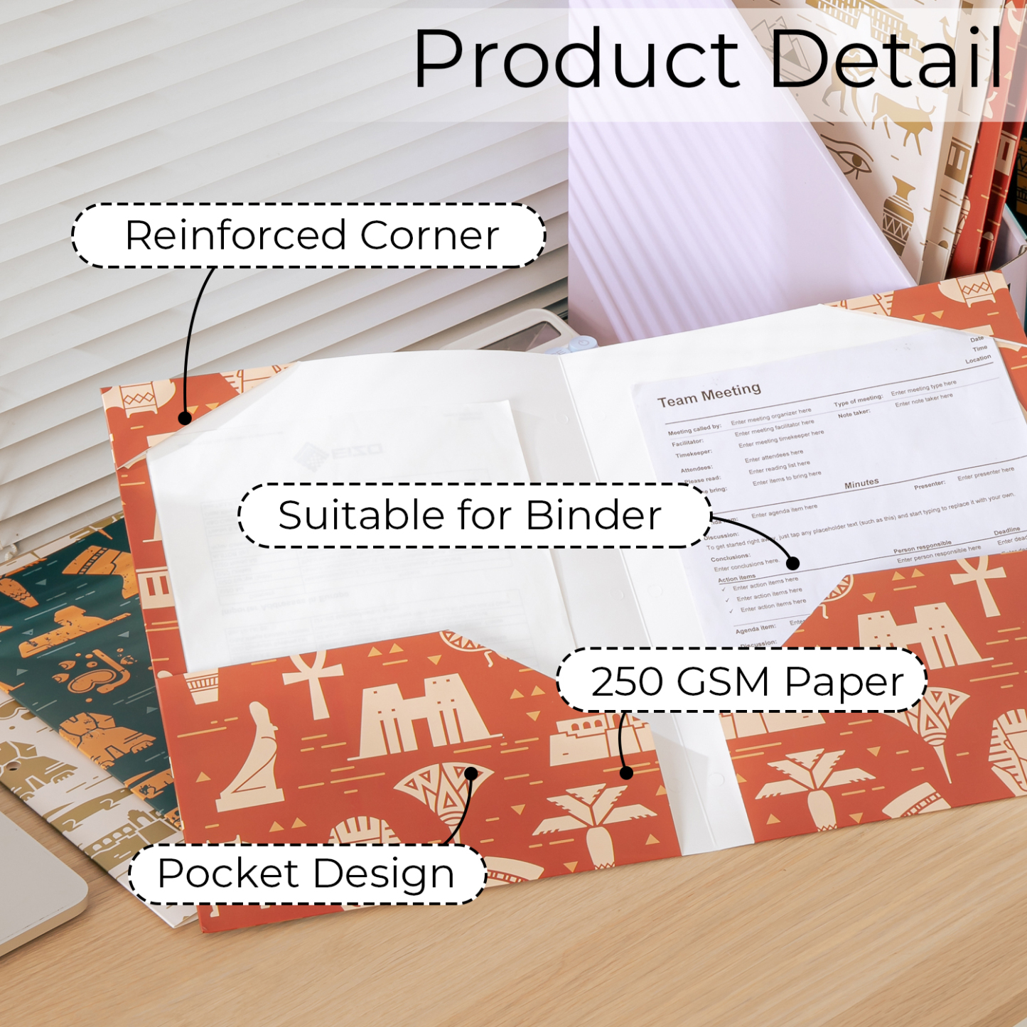 Y YOMA 6 Pack 2 Pocket Folder Letter Size Decorative Binder Folders with Pockets 3 Hole Punch Folder Paper Cute Project Folders Two Pocket 3 Ring File Folder for School Office Home, Egyptian Design