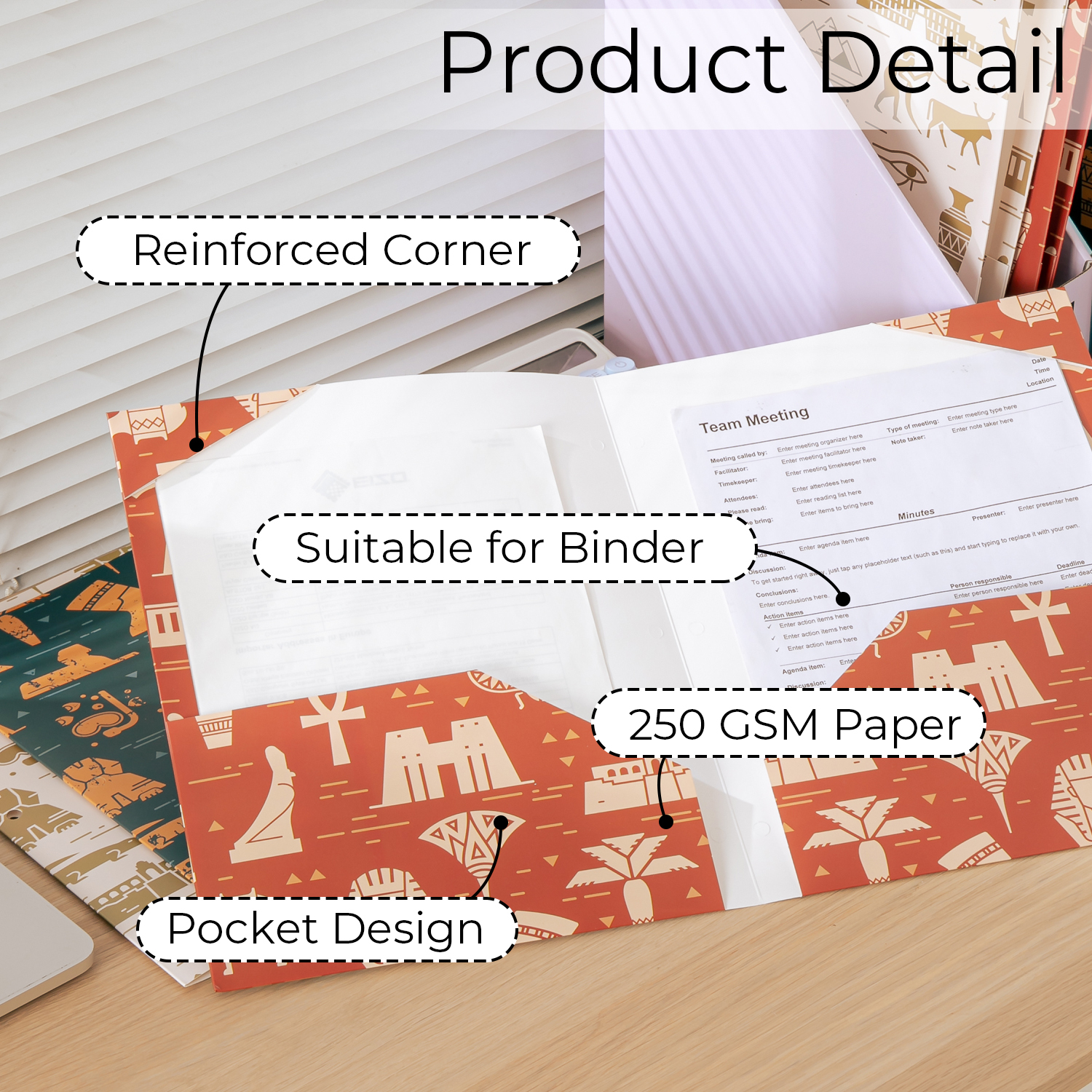 Y YOMA 6 Pack 2 Pocket Folder Letter Size Decorative Binder Folders with Pockets 3 Hole Punch Folder Paper Cute Project Folders Two Pocket 3 Ring File Folder for School Office Home, Egyptian Design