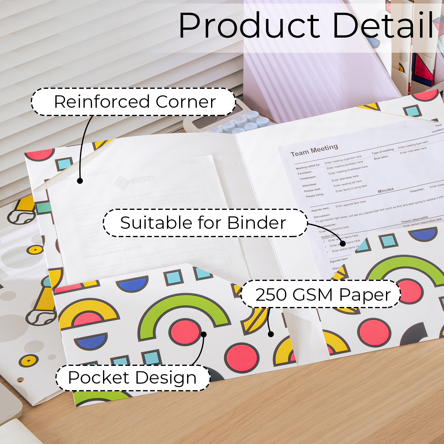 Y YOMA 6 Pack 2 Pocket Folder Letter Size Decorative Binder Folders with Pockets 3 Hole Punch Folder Paper Cute Project Folders Two Pocket 3 Ring File Folder for School Office Home, Memphis Design