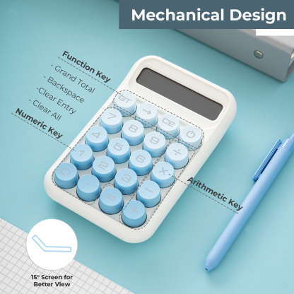 Y YOMA 1 Pack Mechanical Switch Calculator with 10 Digit Large LCD Display Big Button, Mini Cute Desktop Calculator 4 Function Basic Calculators for School Home Office Business, Lake Blue