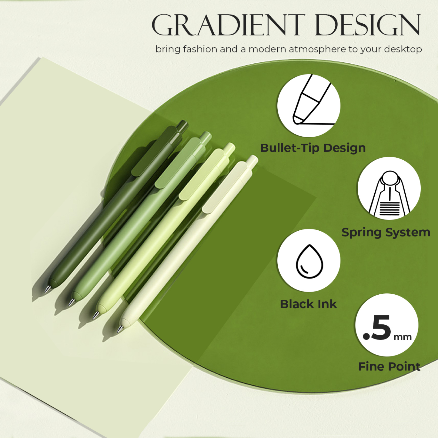 Y YOMA 4 Pcs Fine Point 0.5mm Gel Pen Black Ink Retractable Ballpoint Pen Smooth Writing Quick Dry Gel Pens Cute Aesthetic Pen Pastel Refillable Pen for School Home Office Supplies, Leaf Green