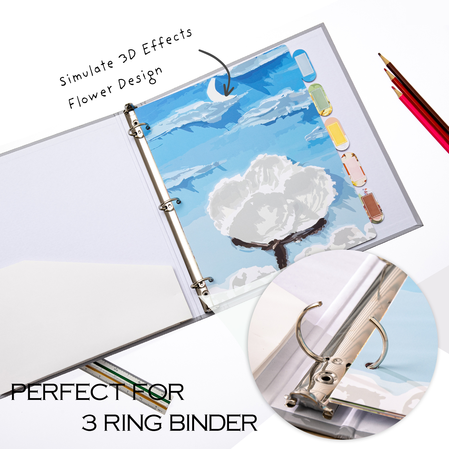 Y YOMA Decorative 3 Ring Binder Dividers with Tabs Letter Size Paper Binder Tabs Page Dividers Cute Binder Index Dividers for Office School Home with 1/5-Cut Tabs, Flower Design(5 Sheet)