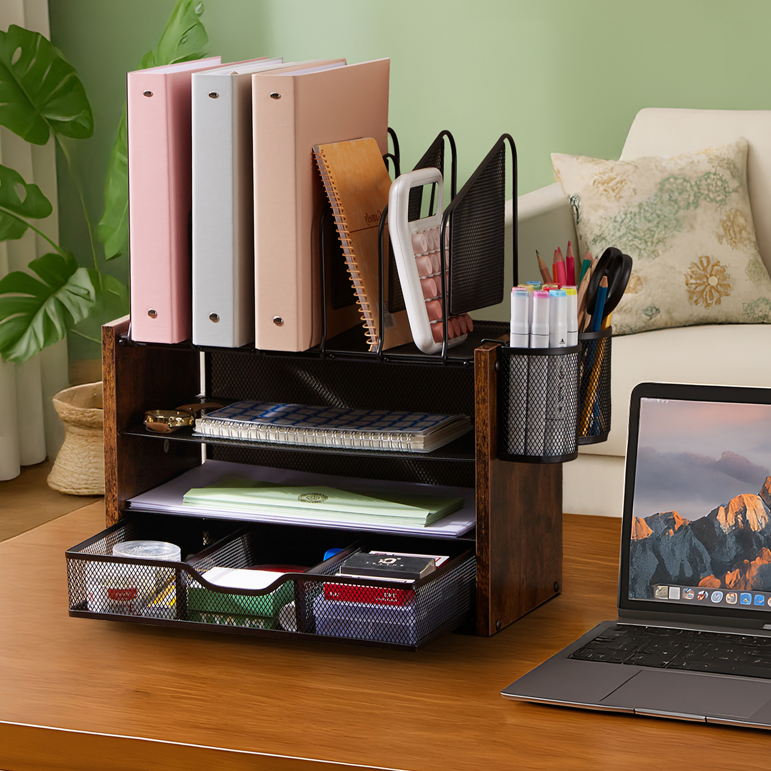 Y YOMA Mesh Desk Organizer with Drawer, 4-Tier Wood Desktop Organizer with 5 Vertical File Holders and 2 Pen Holders Office Desk Accessories for Home Dorm Classroom