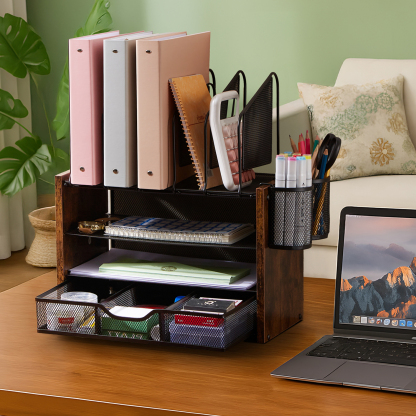 Y YOMA Mesh Desk Organizer with Drawer, 4-Tier Wood Desktop Organizer with 5 Vertical File Holders and 2 Pen Holders Office Desk Accessories for Home Dorm Classroom