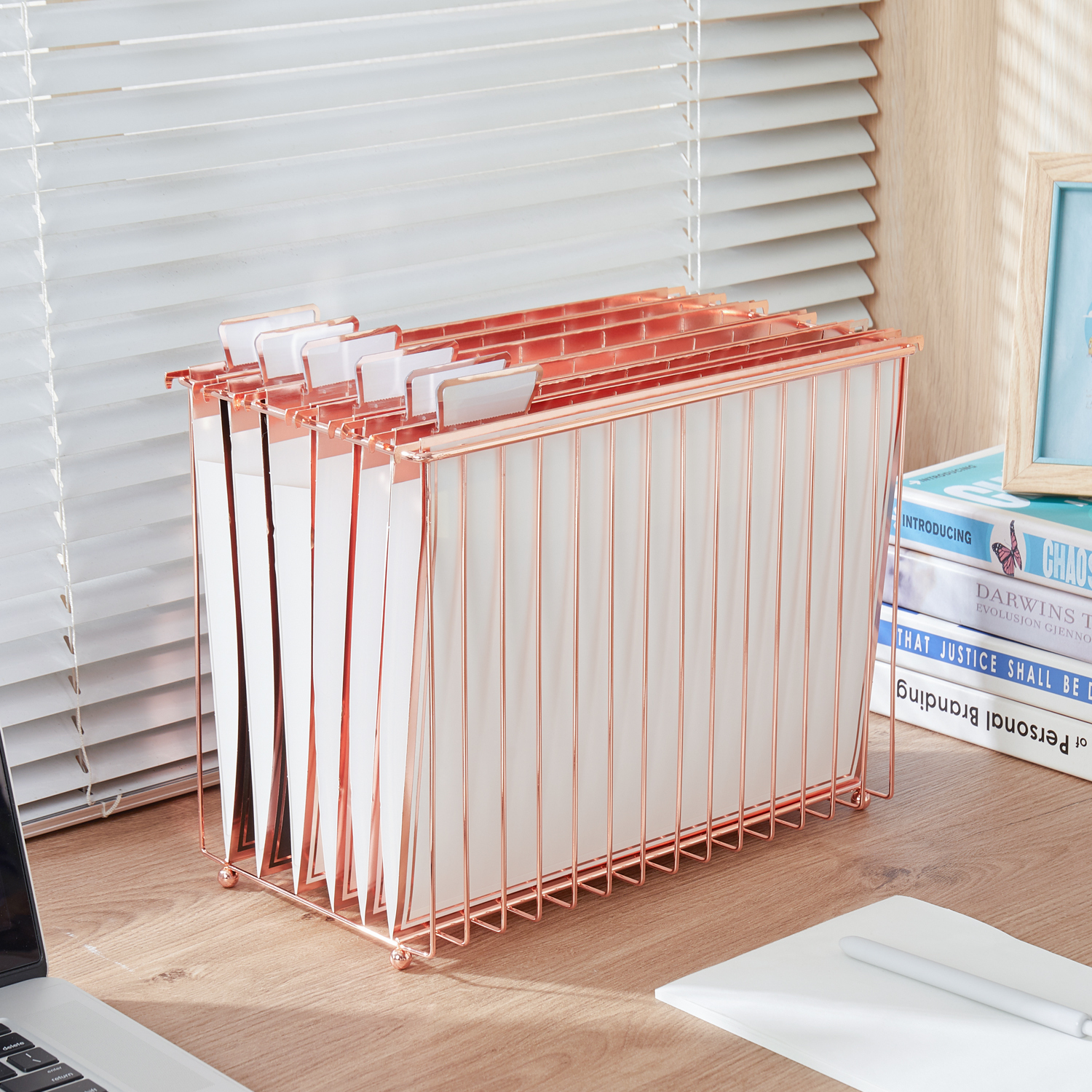 Y YOMA 1 Pack Rose Gold Desktop Hanging File Organizer | 12 Pack Rose Gold Pocket Hanging File Folders with Tabs & Insert | Letter Size Metal File Kit for Desk Home Office, I Shaped