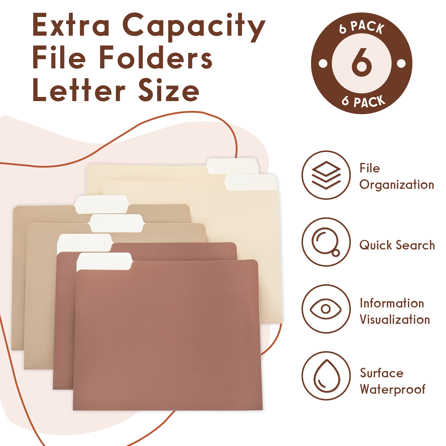 Y YOMA 6 Pack Extra Capacity File Folders Letter Size Accordion Decorative File Folder Cute Pretty Colored Filing Folder File Organizers for Office School Home Desktop with 1/3-Cut Tab, Mocha Color