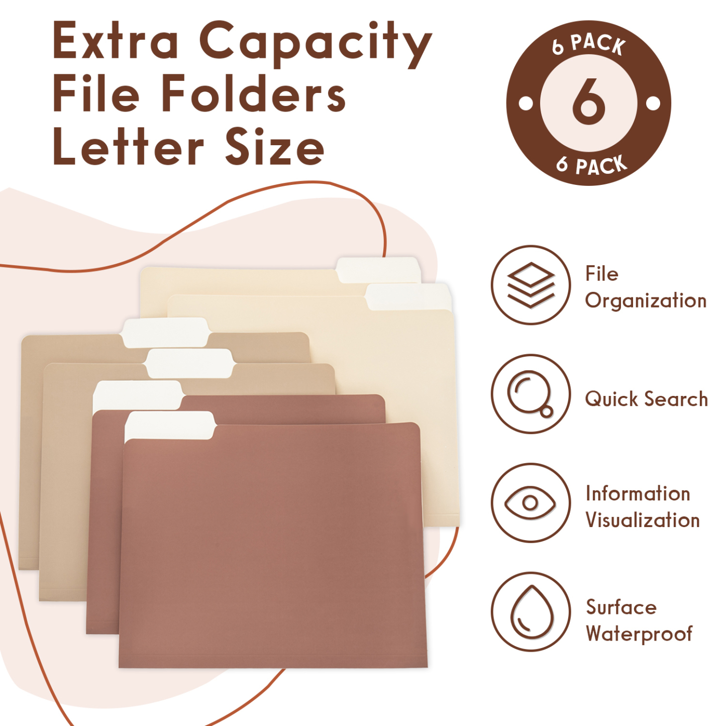 Y YOMA 6 Pack Extra Capacity File Folders Letter Size Accordion Decorative File Folder Cute Pretty Colored Filing Folder File Organizers for Office School Home Desktop with 1/3-Cut Tab, Mocha Color