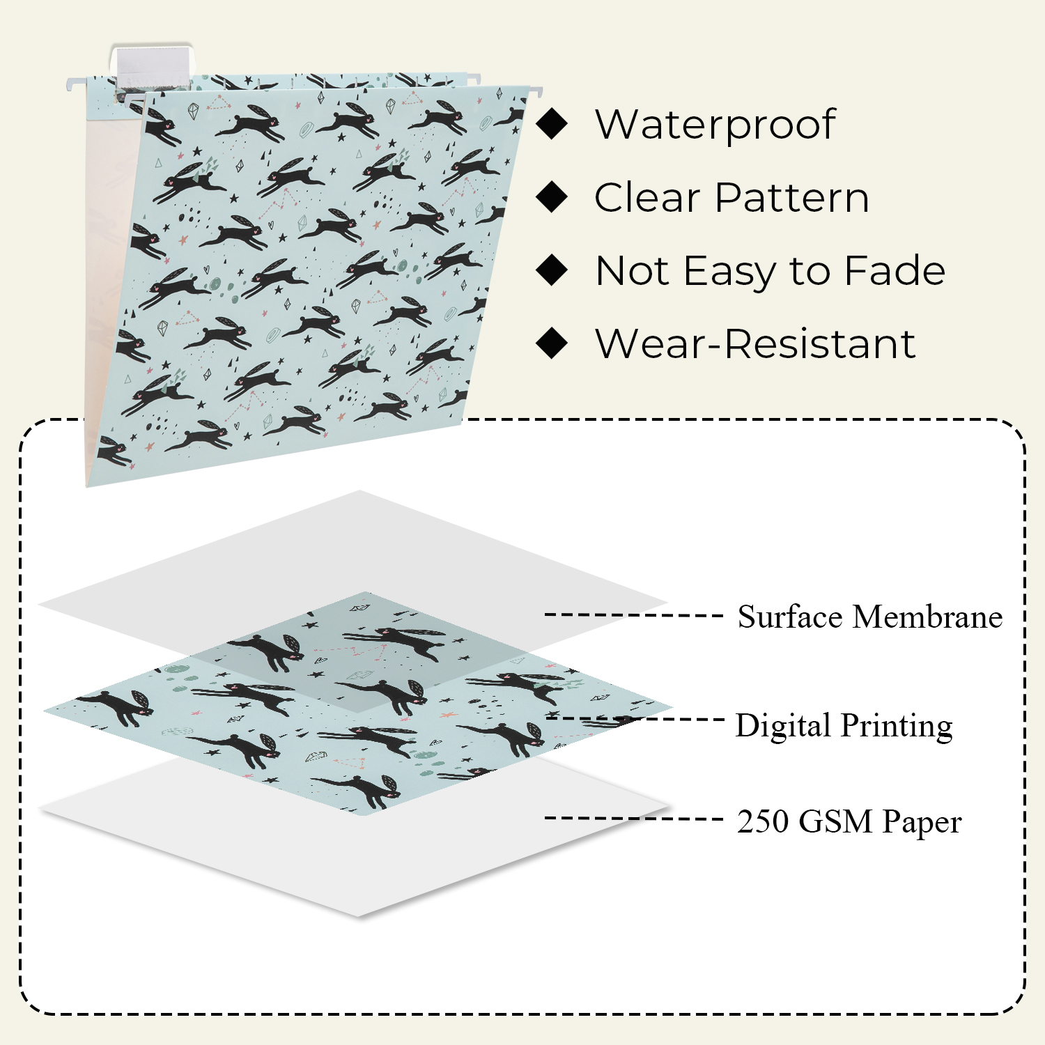 Y YOMA 6 Pack Decorative Hanging File Folders Letter Size Marble Cute Hanging Folder Pretty File Folder Organizer for Filing Cabinet Office Home with 1/5-Cut Adjustable Tabs, 3 Rabbit Design