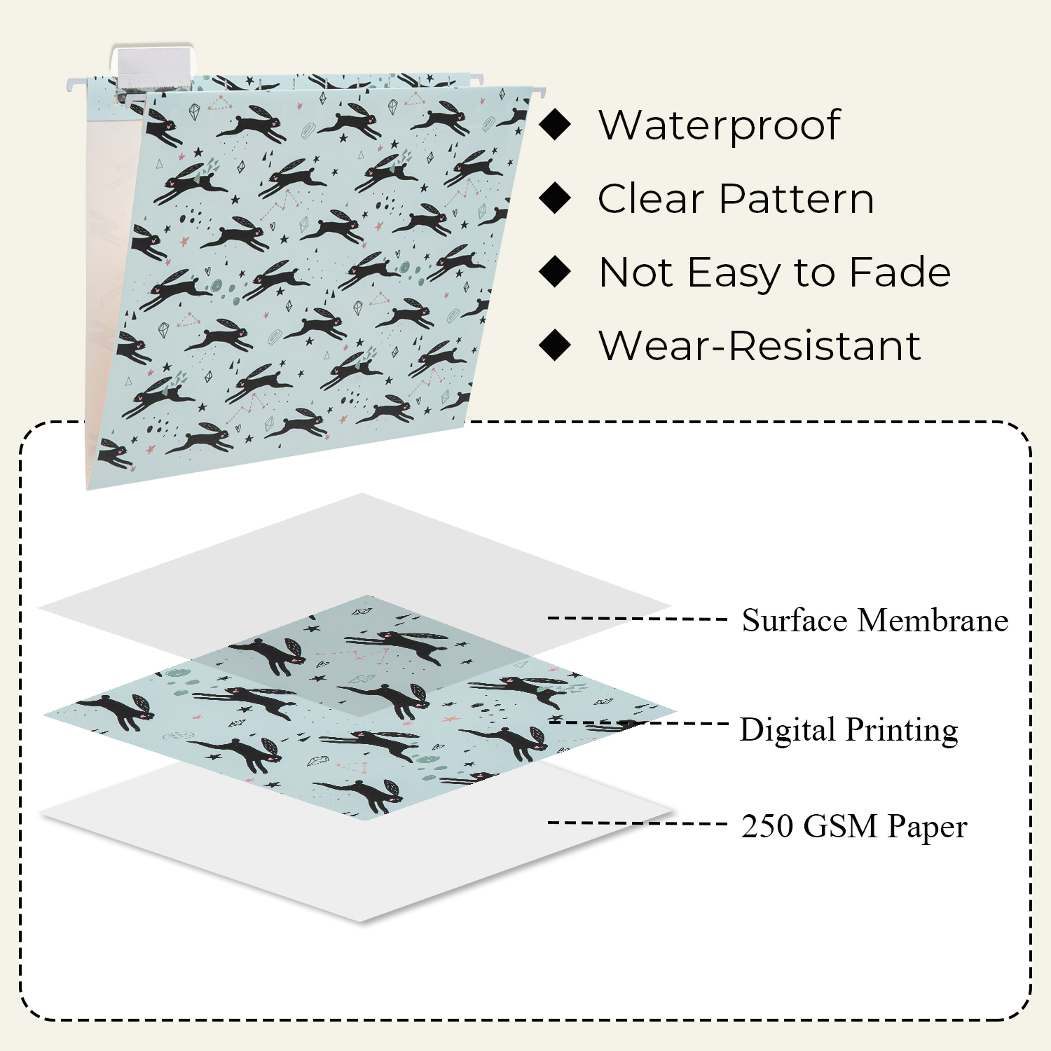 Y YOMA 6 Pack Decorative Hanging File Folders Letter Size Marble Cute Hanging Folder Pretty File Folder Organizer for Filing Cabinet Office Home with 1/5-Cut Adjustable Tabs, 3 Rabbit Design