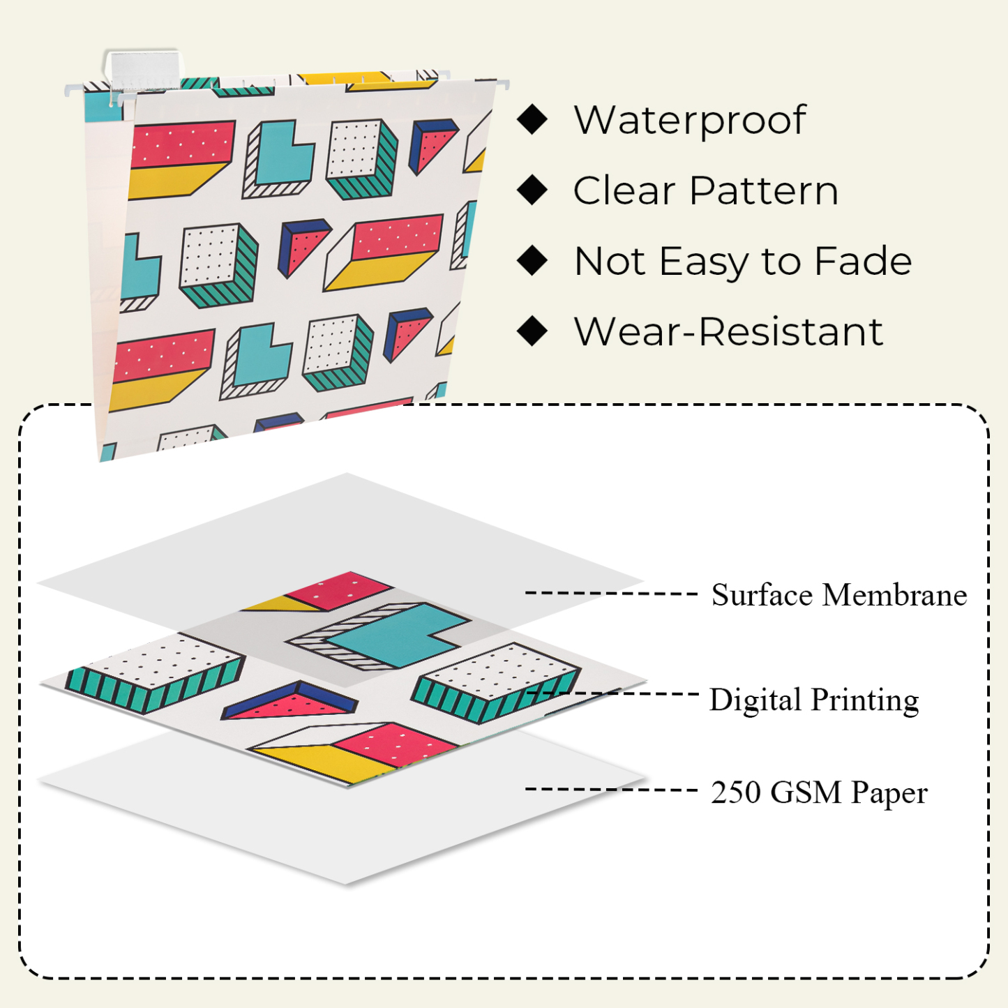 Y YOMA 6 Pack Decorative Hanging File Folders Letter Size Marble Cute Hanging Folder Pretty File Folder Organizer for Filing Cabinet Office Home with 1/5-Cut Adjustable Tabs, 3 Memphis Design