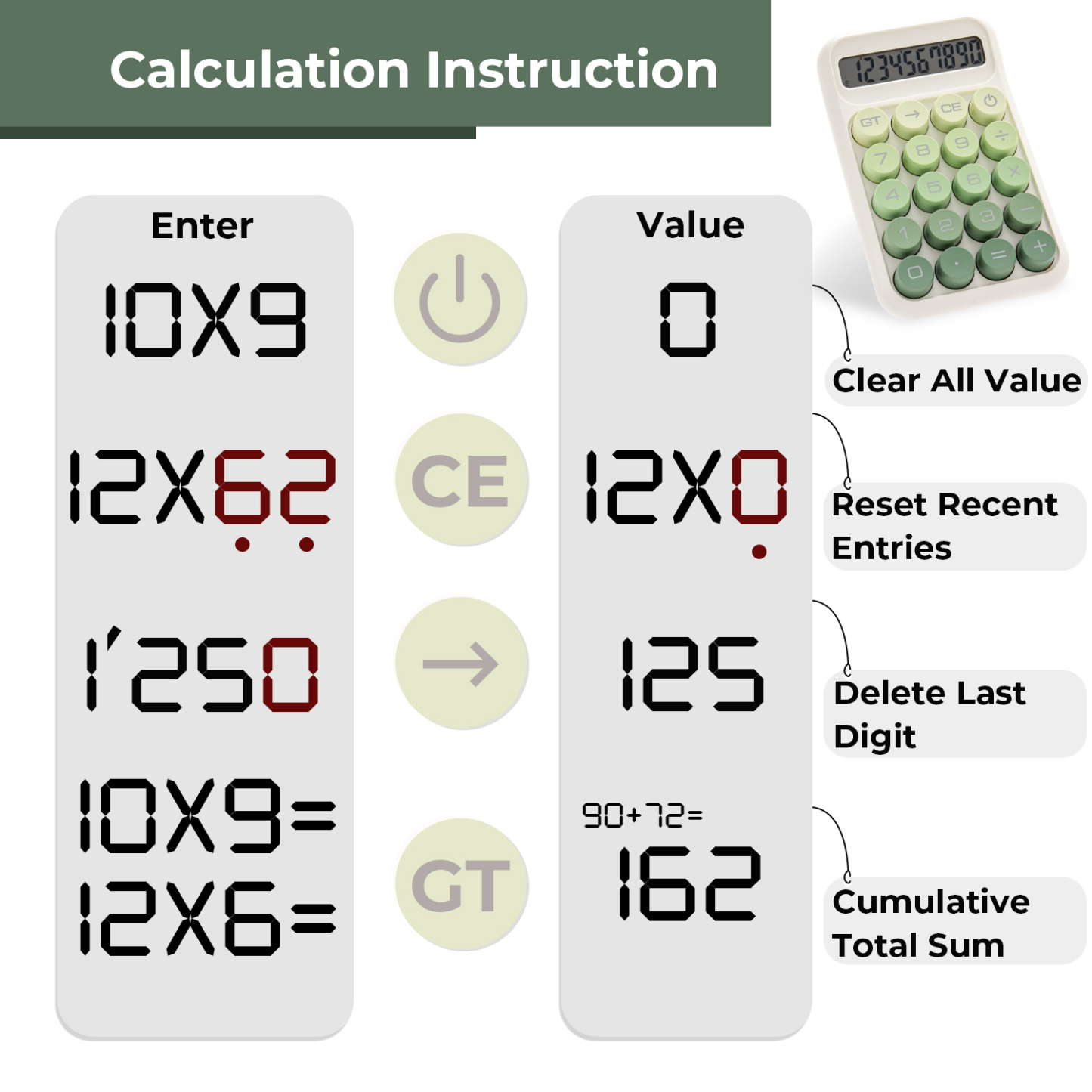 Y YOMA 1 Pack Mechanical Switch Calculator with 10 Digit Large LCD Display Big Button, Mini Cute Desktop Calculator 4 Function Basic Calculators for School Home Office Business, Leaf Green