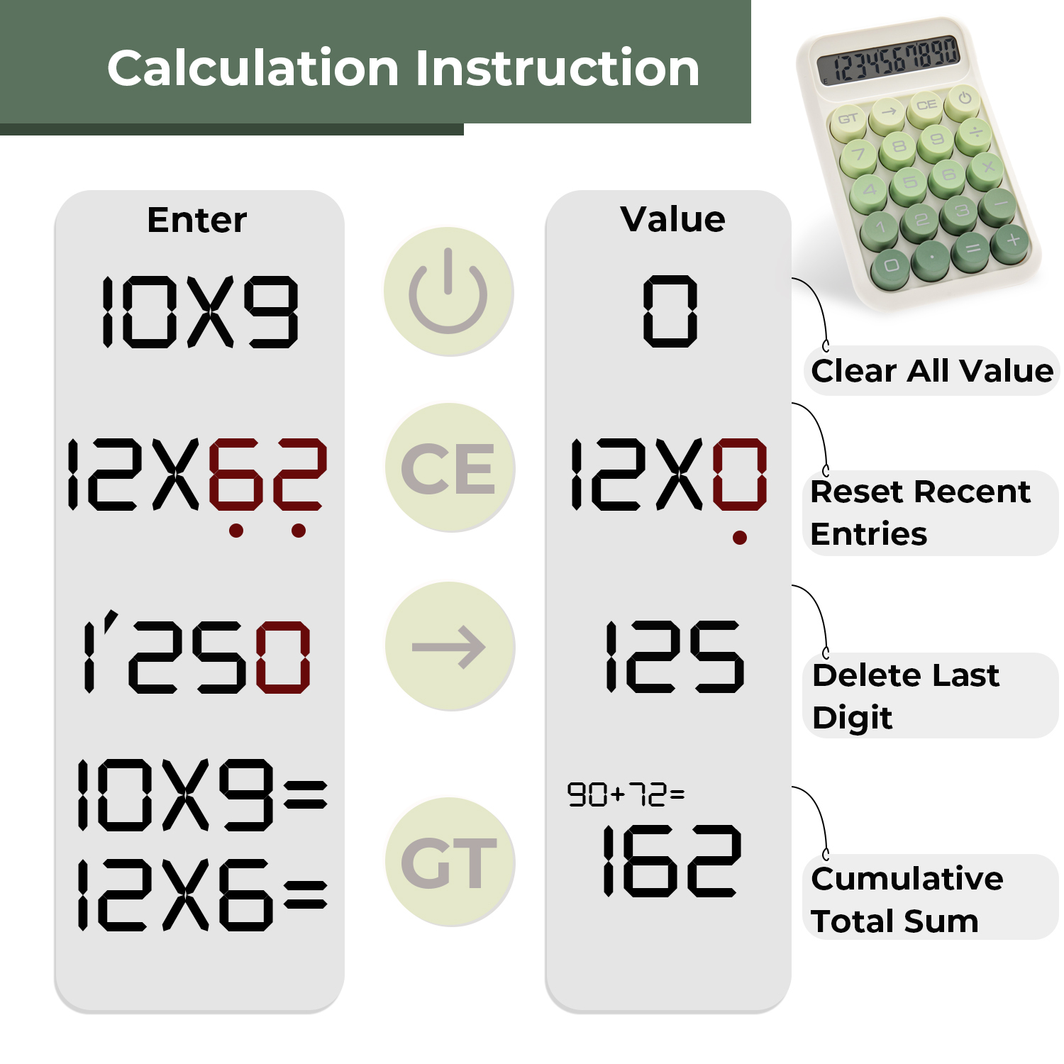 Y YOMA 1 Pack Mechanical Switch Calculator with 10 Digit Large LCD Display Big Button, Mini Cute Desktop Calculator 4 Function Basic Calculators for School Home Office Business, Leaf Green