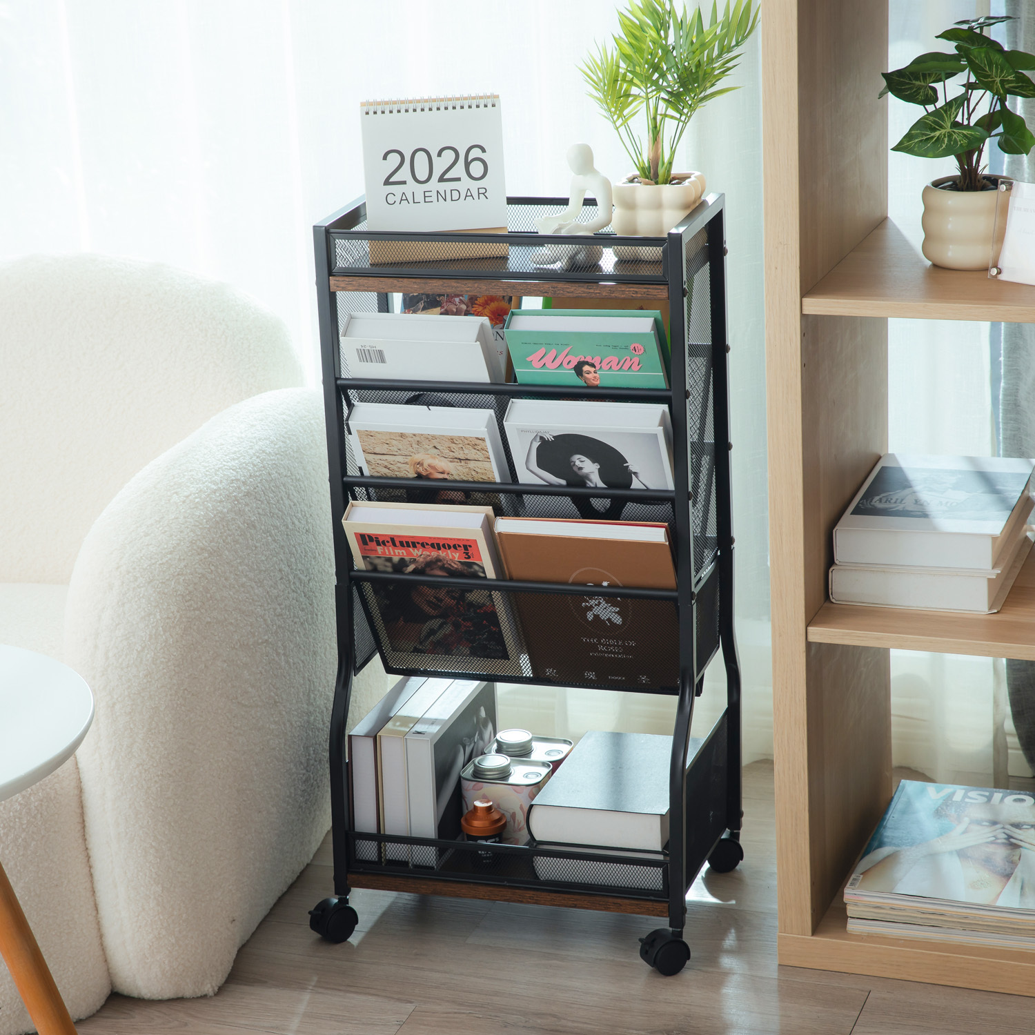 Y YOMA 8-Tier Rolling File Cart with Lockable Wheels, Dual-Sided Storage Organizer and Bookshelf, Easy Assembly Space-Saving Cart for Home, Office & Classroom