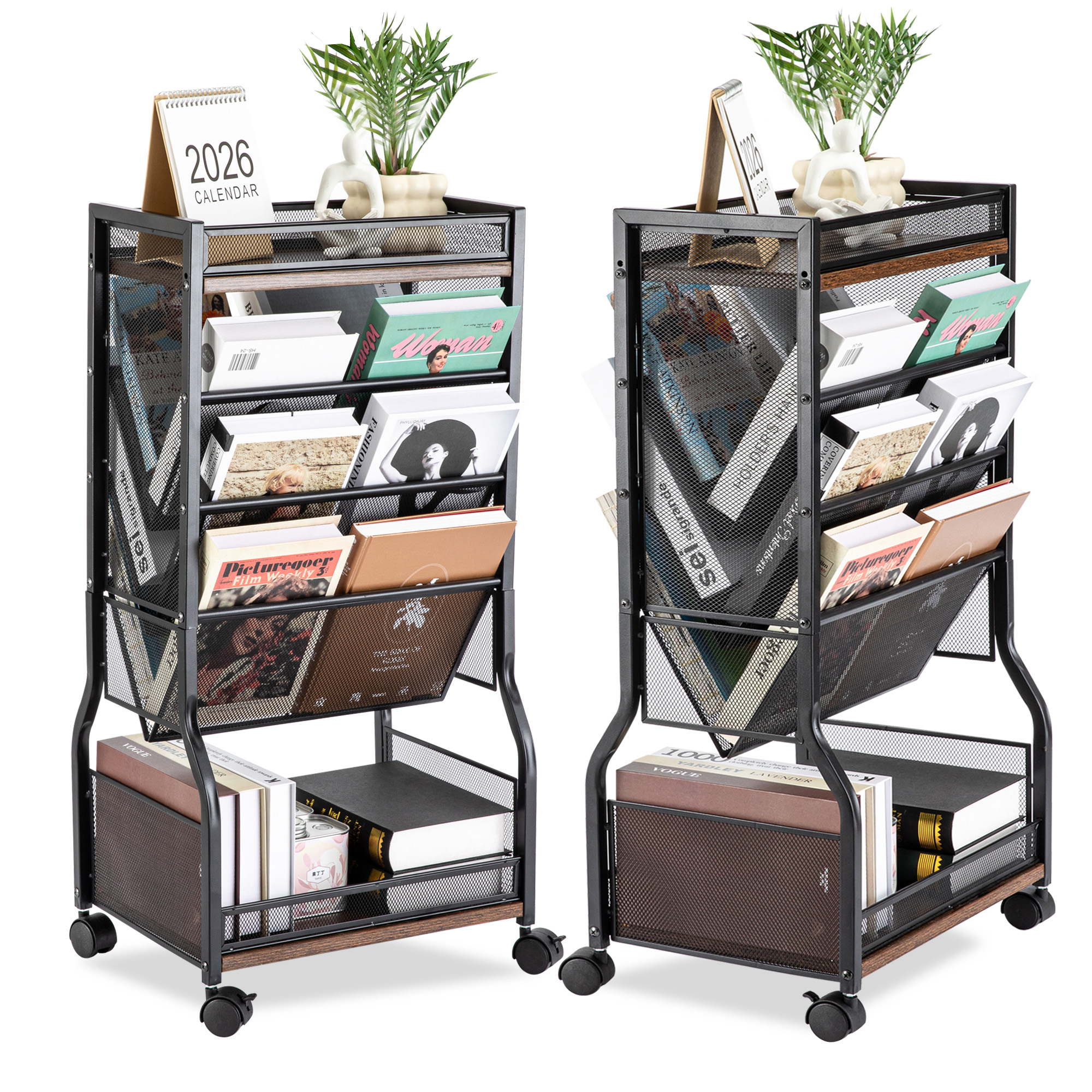 Y YOMA 8-Tier Rolling File Cart with Lockable Wheels, Dual-Sided Storage Organizer and Bookshelf, Easy Assembly Space-Saving Cart for Home, Office & Classroom
