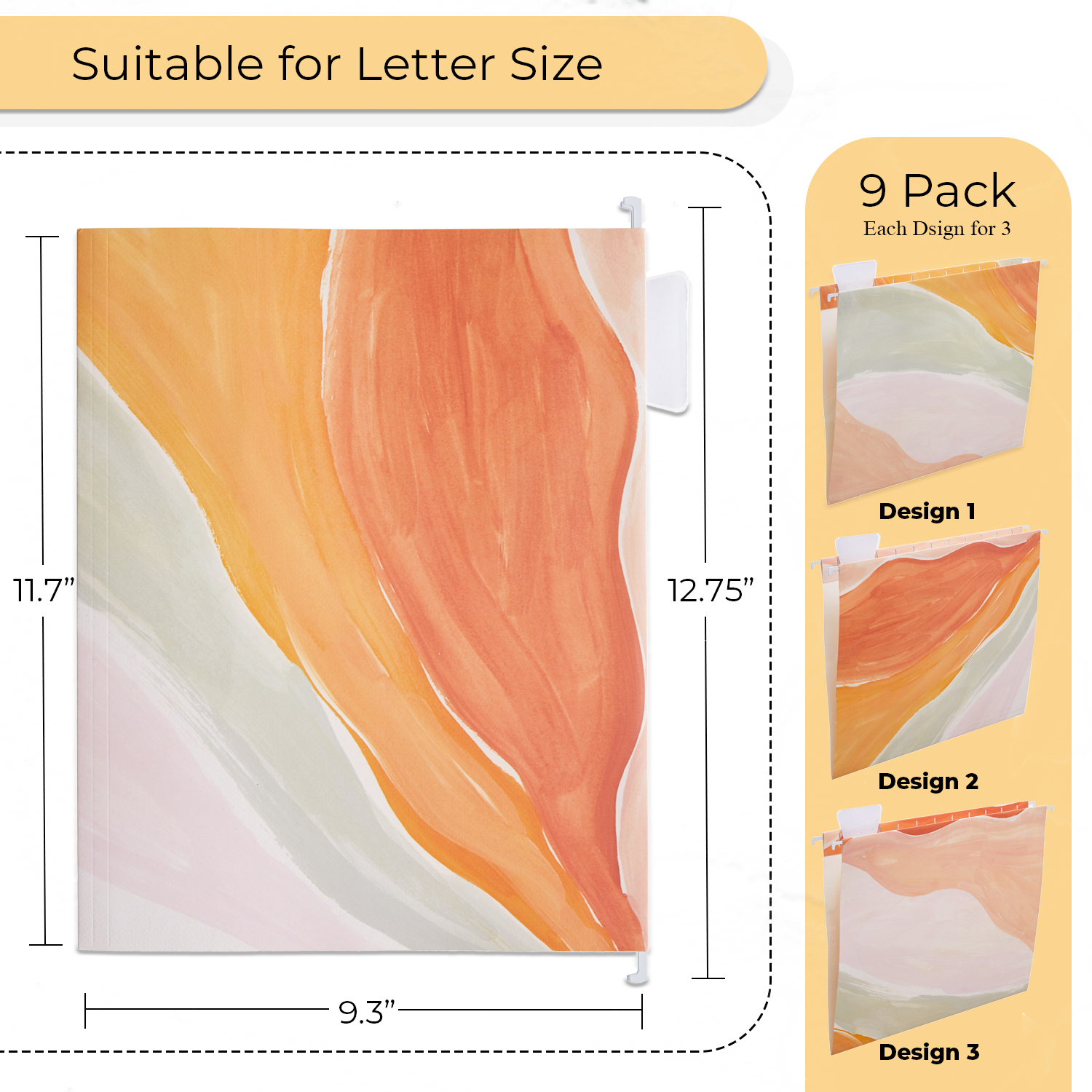 Y YOMA 9 Pack Decorative Hanging File Folders Letter Size Marble Cute Hanging Folder Pretty File Folder Organizer for Filing Cabinet Office Home with 1/5-Cut Adjustable Tabs, 3 Orange Marble