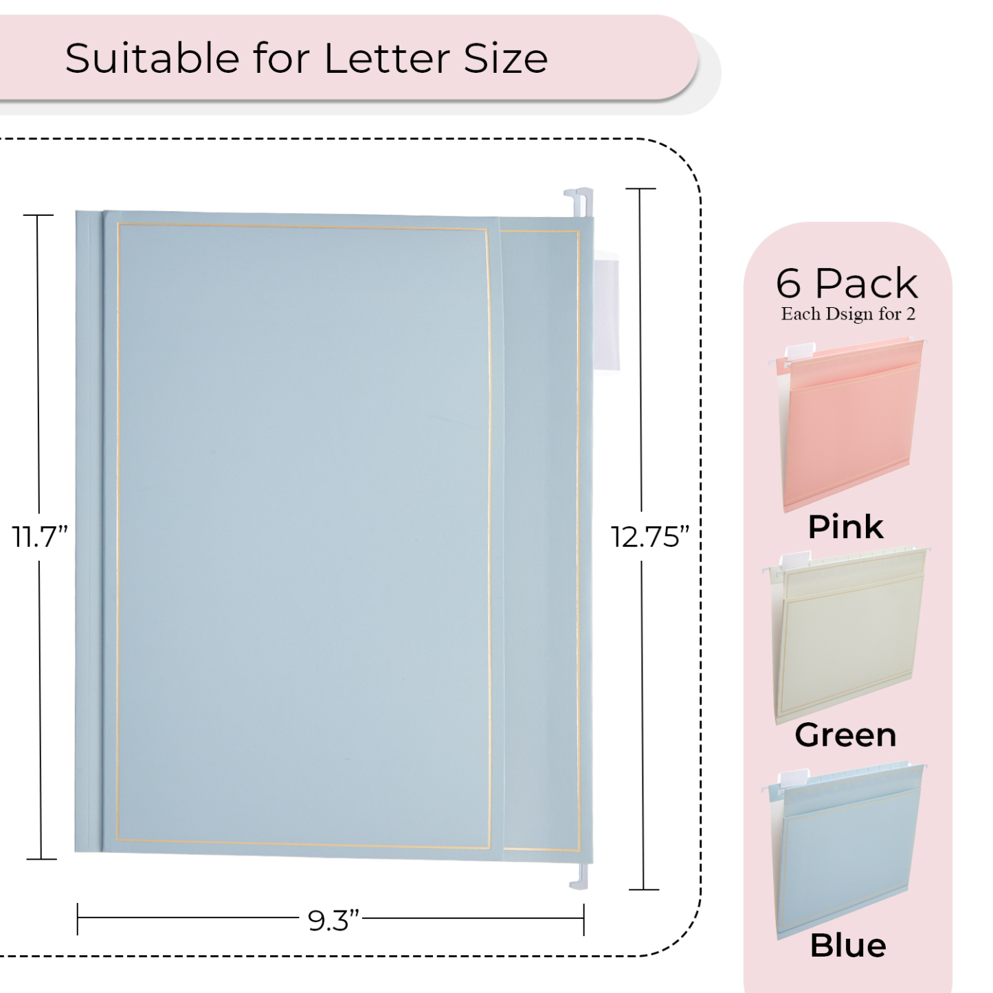 Y YOMA 6 Pack Rose Gold Hanging File Folders with Pocket Letter Size Decorative File Folder Cute Pretty Hanging Folder for Office Home School with 1/5-Cut Adjustable Tabs, Outer Storage Pockets