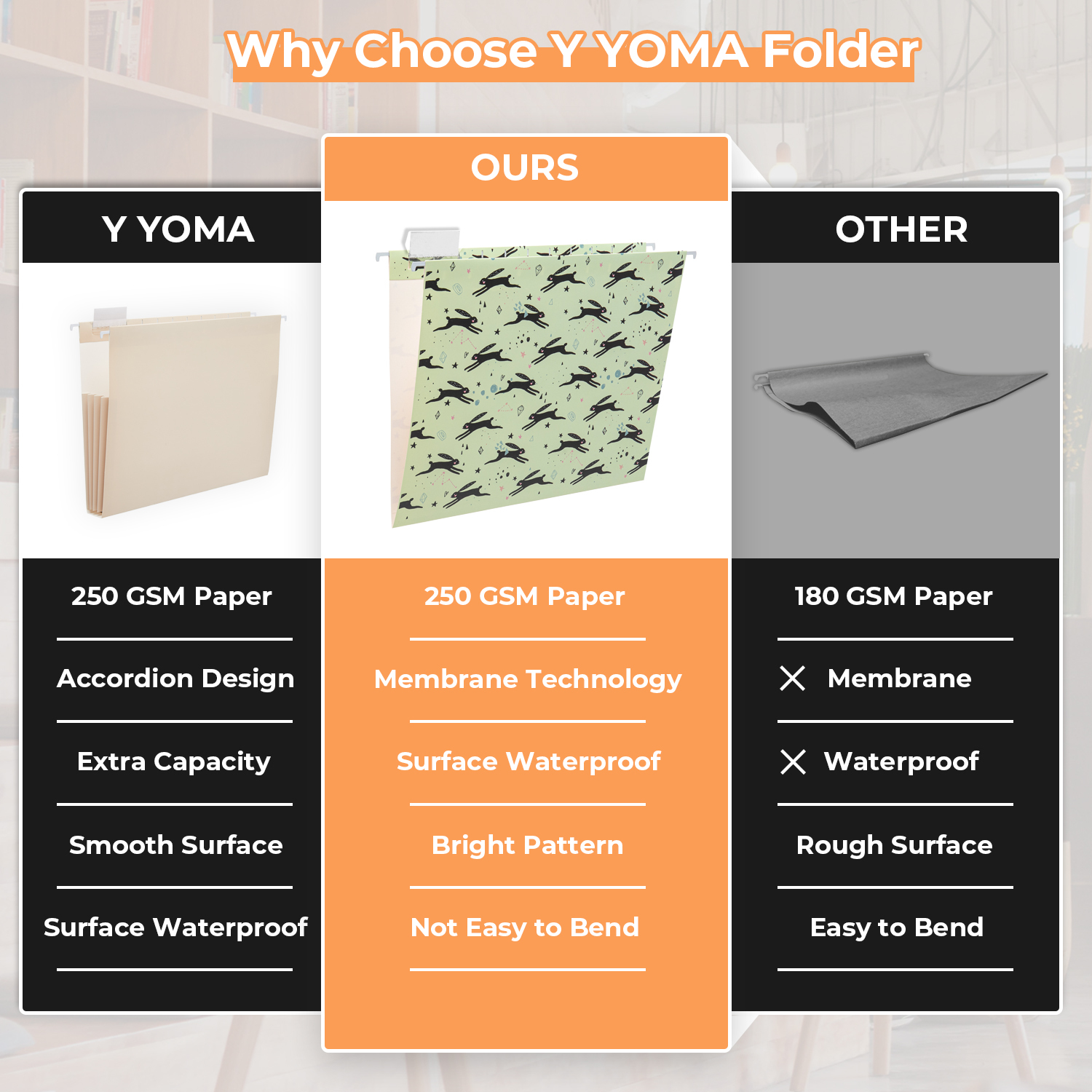 Y YOMA 6 Pack Decorative Hanging File Folders Letter Size Marble Cute Hanging Folder Pretty File Folder Organizer for Filing Cabinet Office Home with 1/5-Cut Adjustable Tabs, 3 Rabbit Design