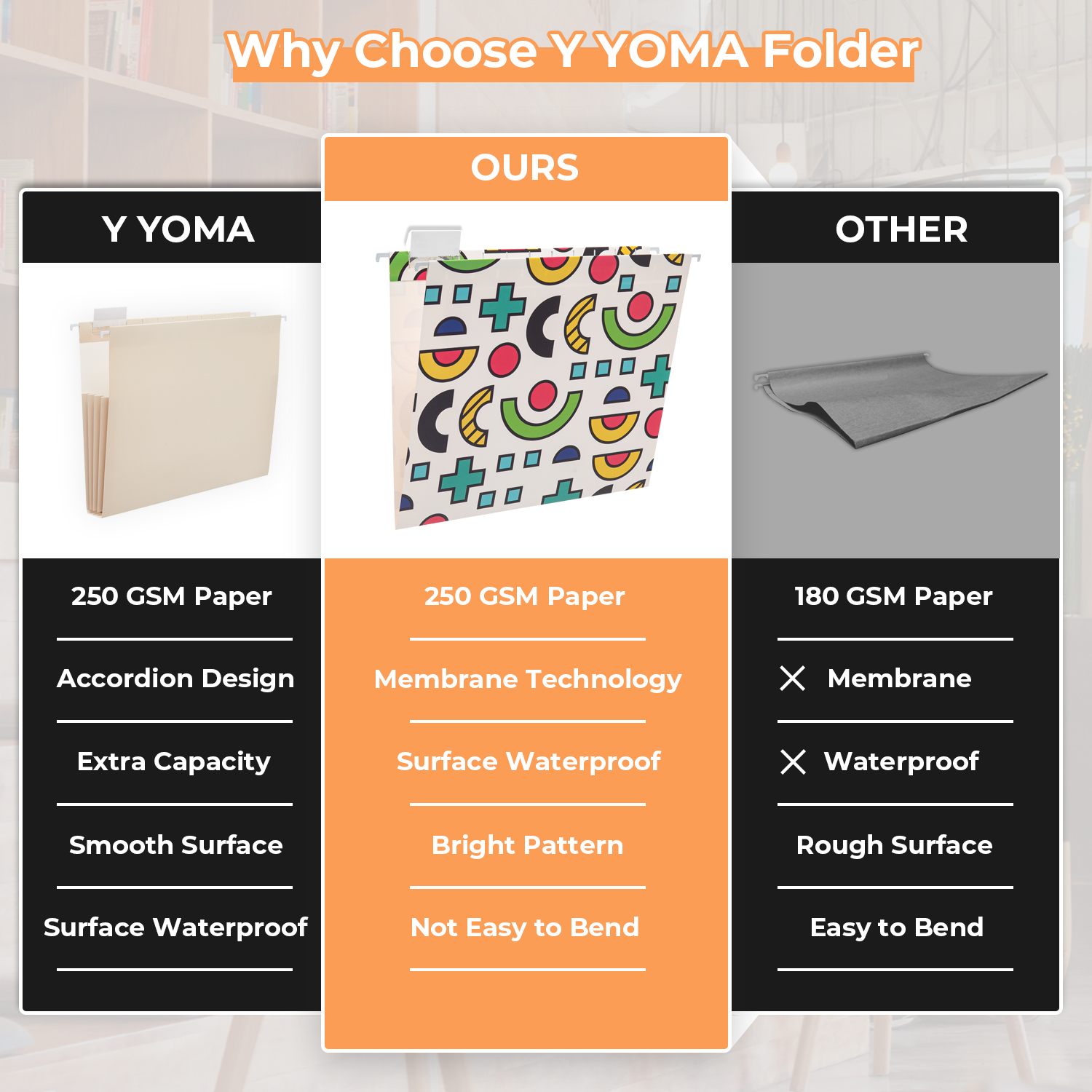 Y YOMA 6 Pack Decorative Hanging File Folders Letter Size Marble Cute Hanging Folder Pretty File Folder Organizer for Filing Cabinet Office Home with 1/5-Cut Adjustable Tabs, 3 Memphis Design