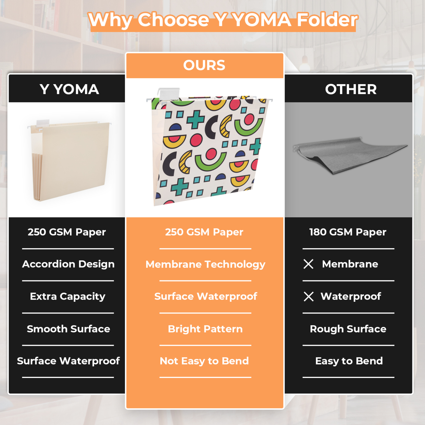 Y YOMA 6 Pack Decorative Hanging File Folders Letter Size Marble Cute Hanging Folder Pretty File Folder Organizer for Filing Cabinet Office Home with 1/5-Cut Adjustable Tabs, 3 Memphis Design
