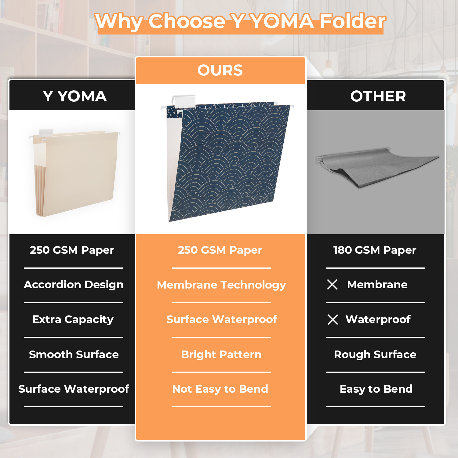 Y YOMA 6 Pack Decorative Hanging File Folders Letter Size Marble Cute Hanging Folder Pretty File Folder Organizer for Filing Cabinet Office Home with 1/5-Cut Adjustable Tabs, 3 Ocean Lines