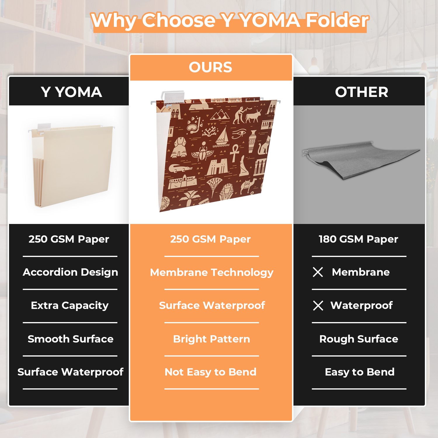 Y YOMA 6 Pack Decorative Hanging File Folders Letter Size Marble Cute Hanging Folder Pretty File Folder Organizer for Filing Cabinet Office Home with 1/5-Cut Adjustable Tabs, 3 Egyptian Design