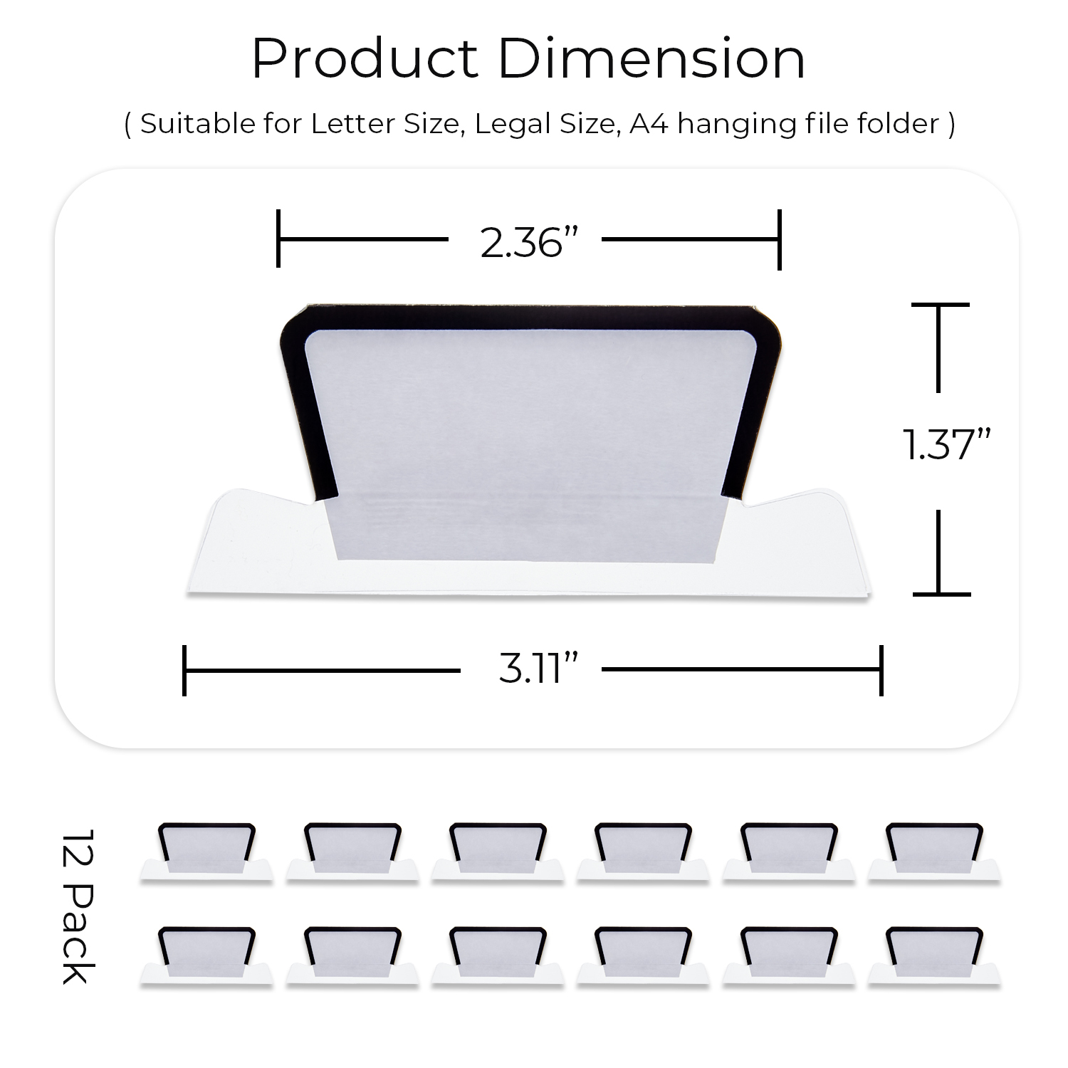 Y YOMA 12 Pack Plastic Hanging File Folder Tabs with Inserts Decorative Tab for Hanging File Folders 1/5-Cut Adjustable Tabs Office Supplies Suitable for Letter Size, Legal Size, A4 folder, Black