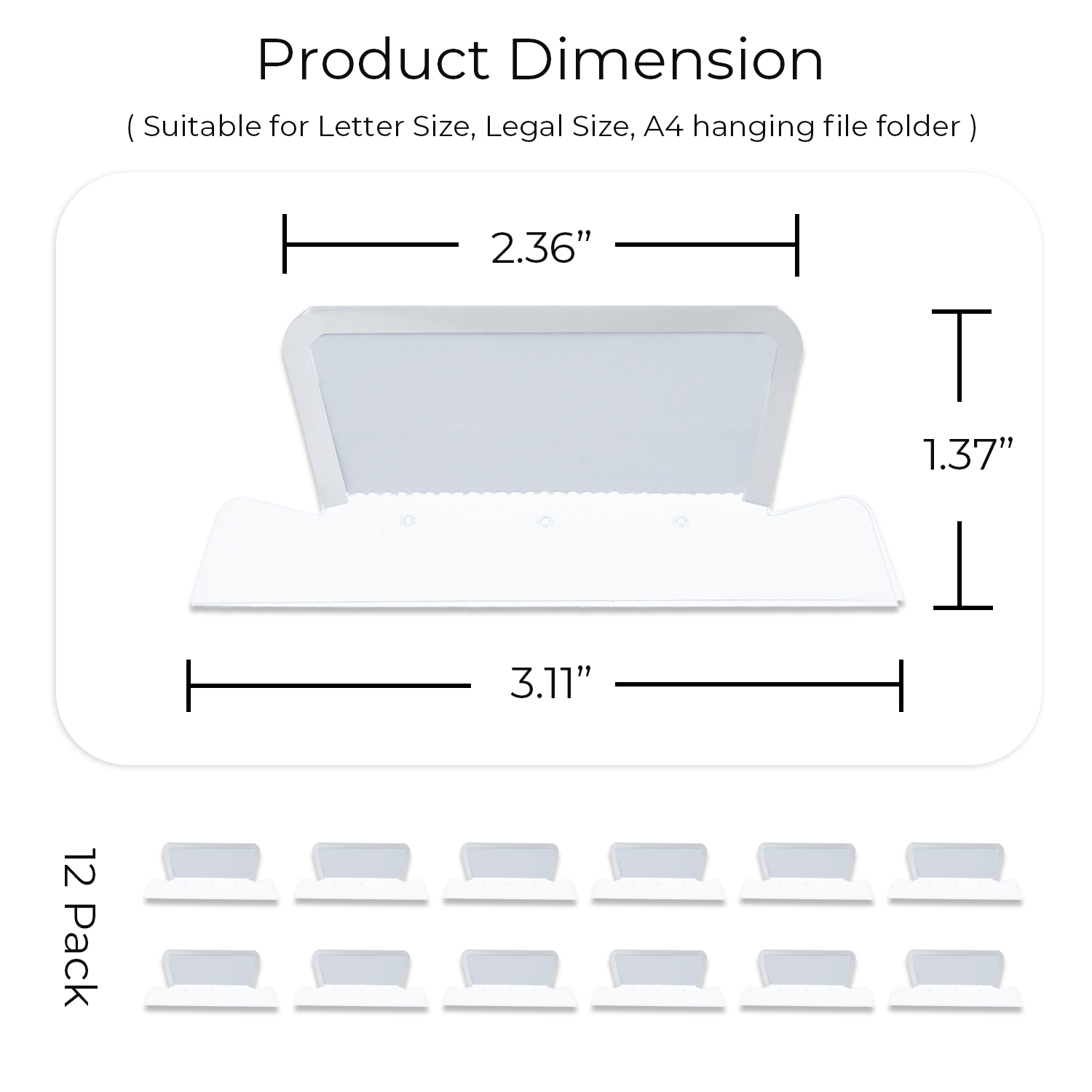 Y YOMA 12 Pack Plastic Hanging File Folder Tabs with Inserts Decorative Tab for Hanging File Folders 1/5-Cut Adjustable Tabs Office Supplies Suitable for Letter Size, Legal Size, A4 folder, Silver