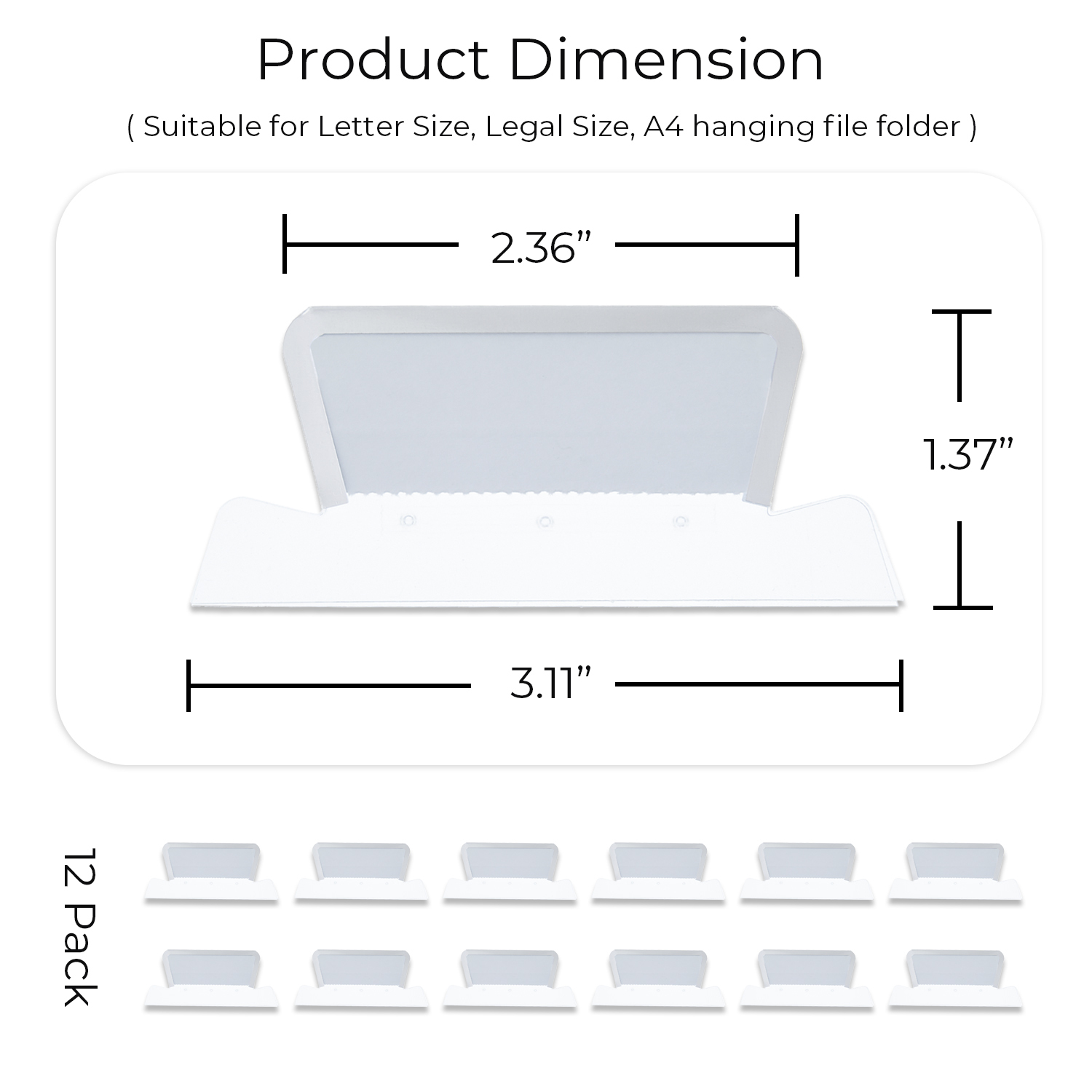 Y YOMA 12 Pack Plastic Hanging File Folder Tabs with Inserts Decorative Tab for Hanging File Folders 1/5-Cut Adjustable Tabs Office Supplies Suitable for Letter Size, Legal Size, A4 folder, Silver