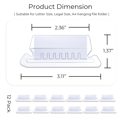 Y YOMA 12 Pack Plastic Hanging File Folder Tabs with Inserts Decorative Tab for Hanging File Folders 1/5-Cut Adjustable Tabs Office Supplies Suitable for Letter Size, Legal Size, A4 folder, Clear