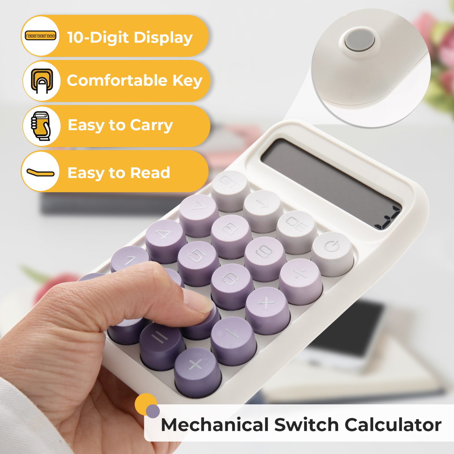 Y YOMA 1 Pack Mechanical Switch Calculator with 10 Digit Large LCD Display Big Button, Mini Cute Desktop Calculator 4 Function Basic Calculators for School Home Office Business, Cute Pink