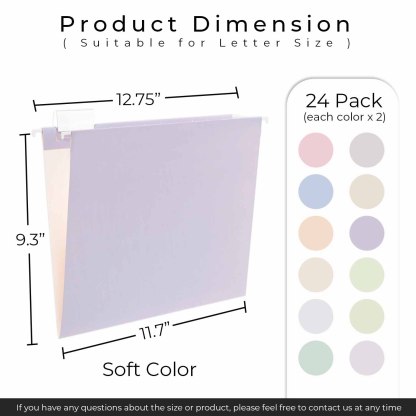 Y YOMA 24 Pack Colored Hanging File Folders Letter Size Decorative Hanging Folder Cute Pretty File Folderfor Filing Cabinet Drawer Office Home with 1/5-Cut Adjustable Tabs, Soft Color