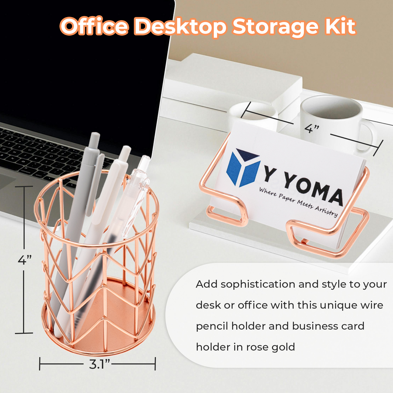 Y YOMA Rose Gold Desk Organizer for Letter Size Hanging File Folder 7 Pcs Folder Organizer Pen Holder Phone Holder Clip Holder Sticky Note Holder Business Card Holder Clip Kit, Wire Metal